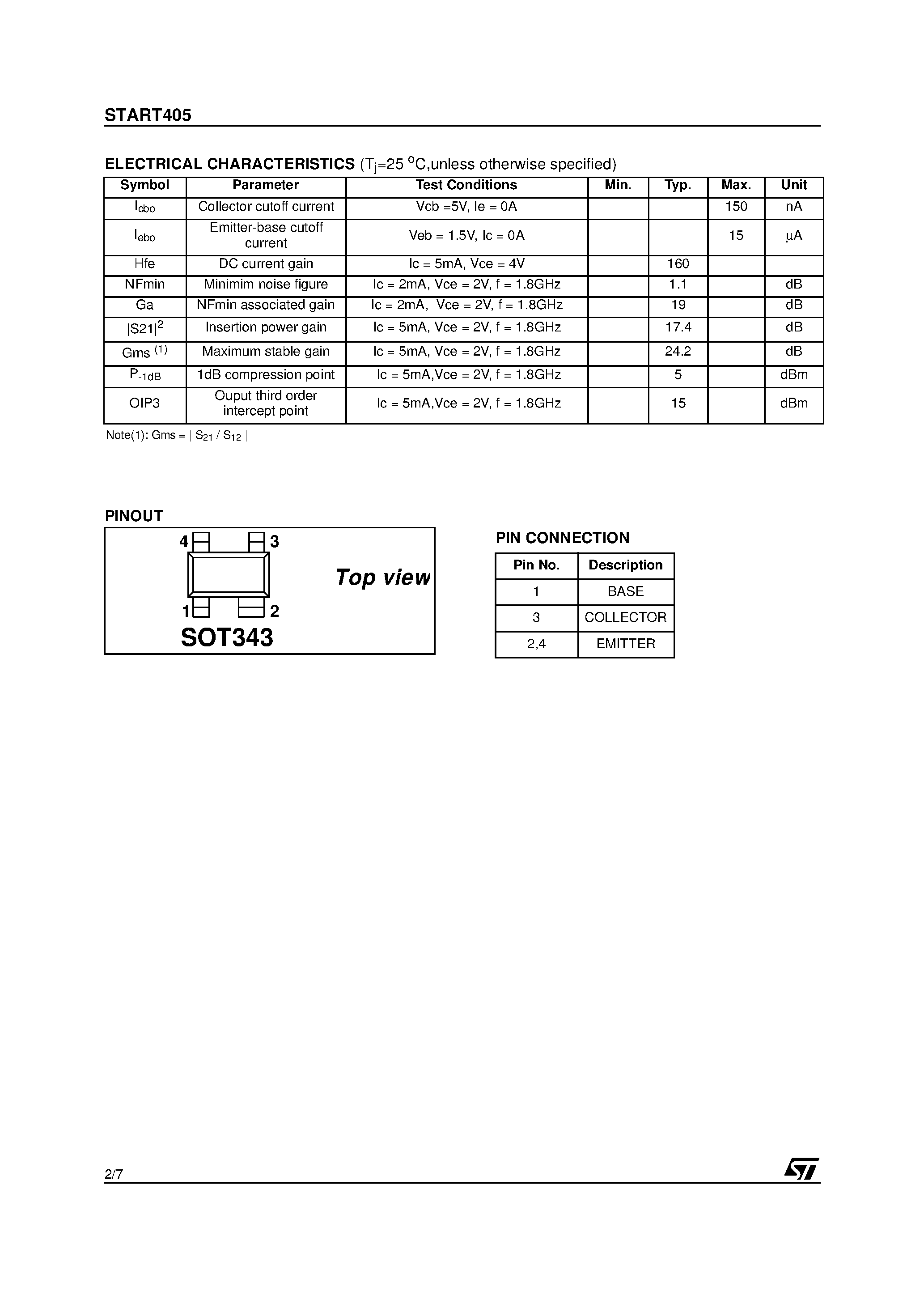 Datasheet START405 page 2 Datasheet START405 - NPN Silicon RF Transistor page 2