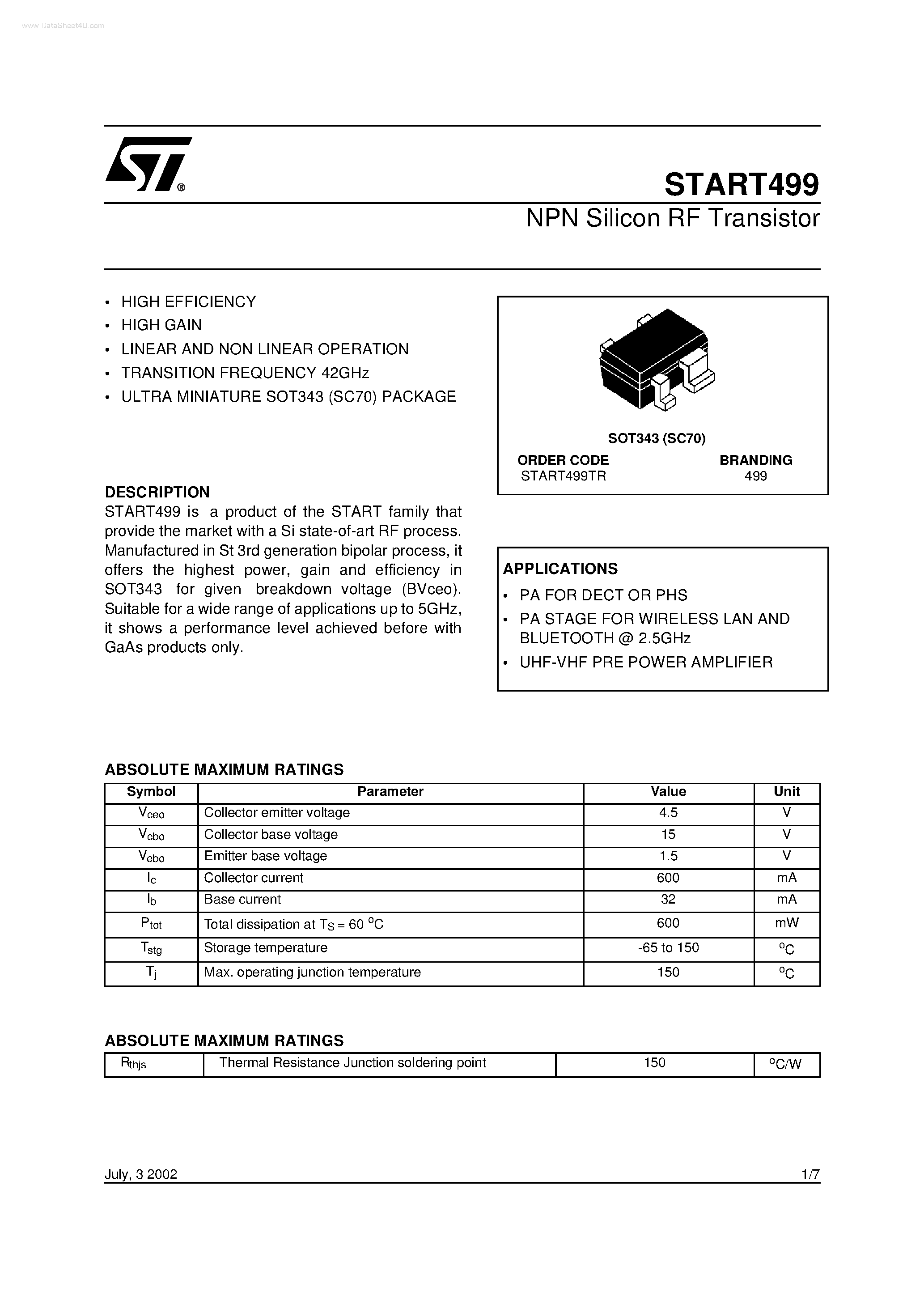 Даташит на микросхему START499 страница 1 Даташит START499 - NPN Silicon RF Transistor страница 1