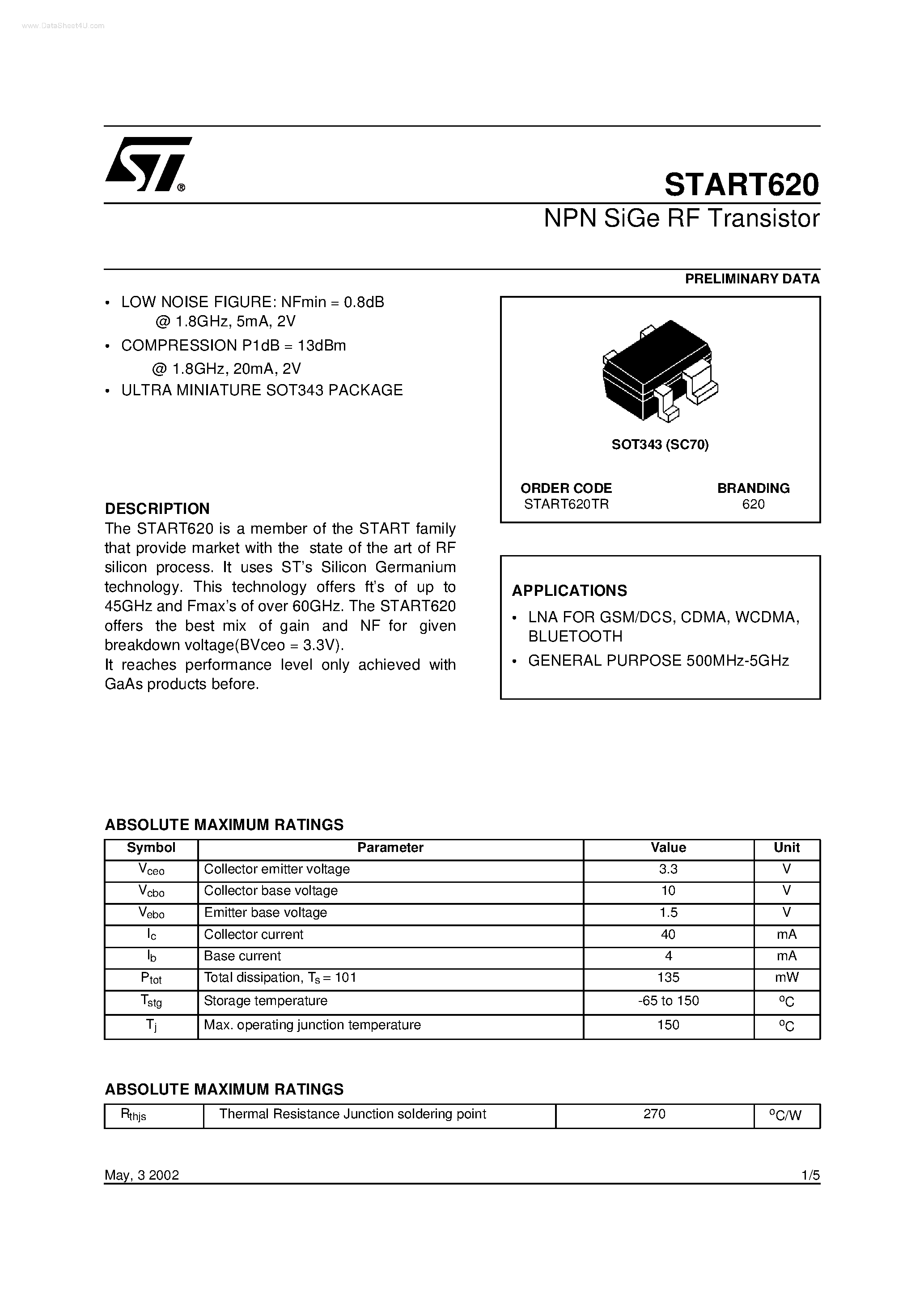 Datasheet START620 - NPN SiGe RF Transistor page 1