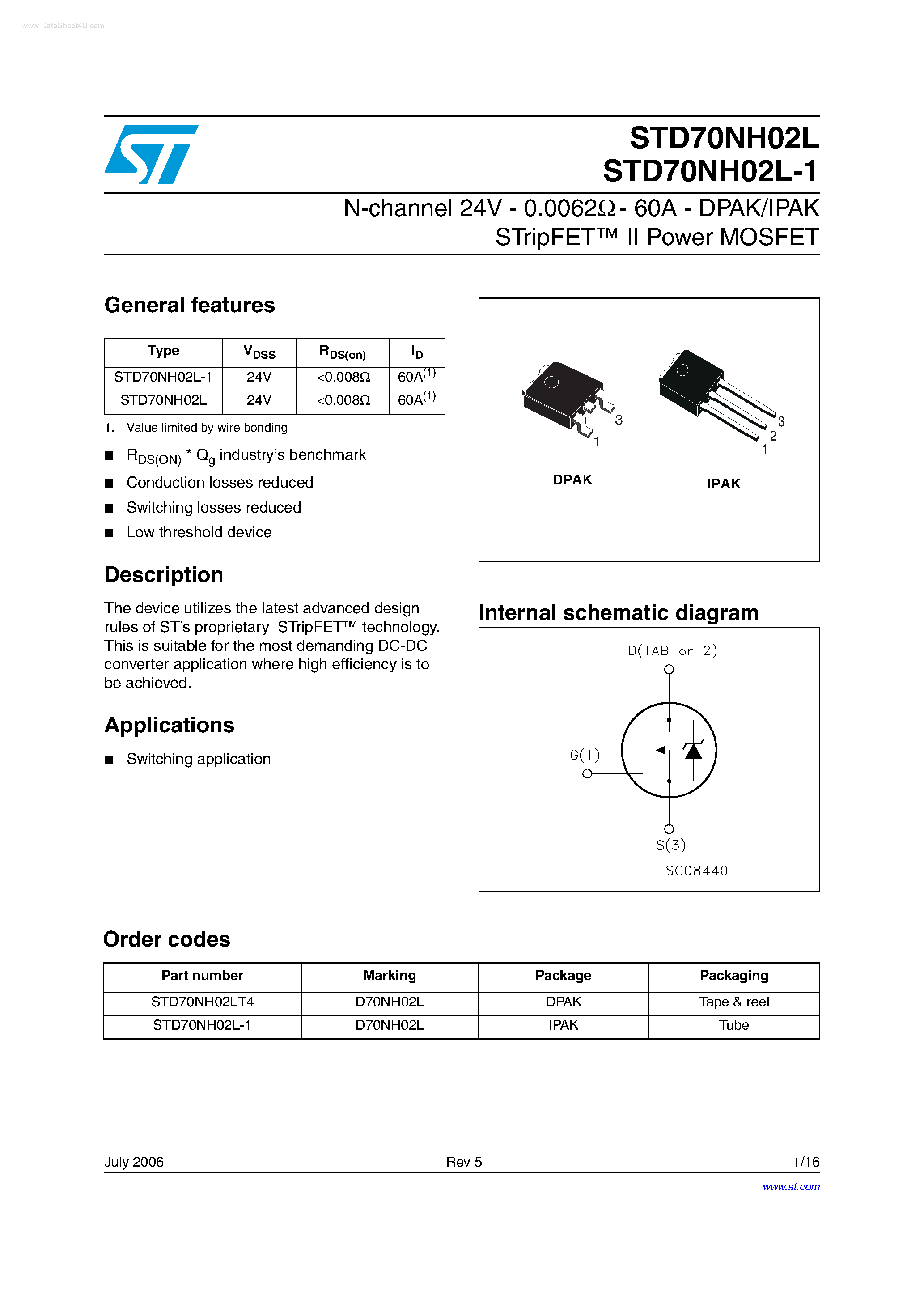 Datasheet STD70NH02L - N-CHANNEL Power MOSFET page 1