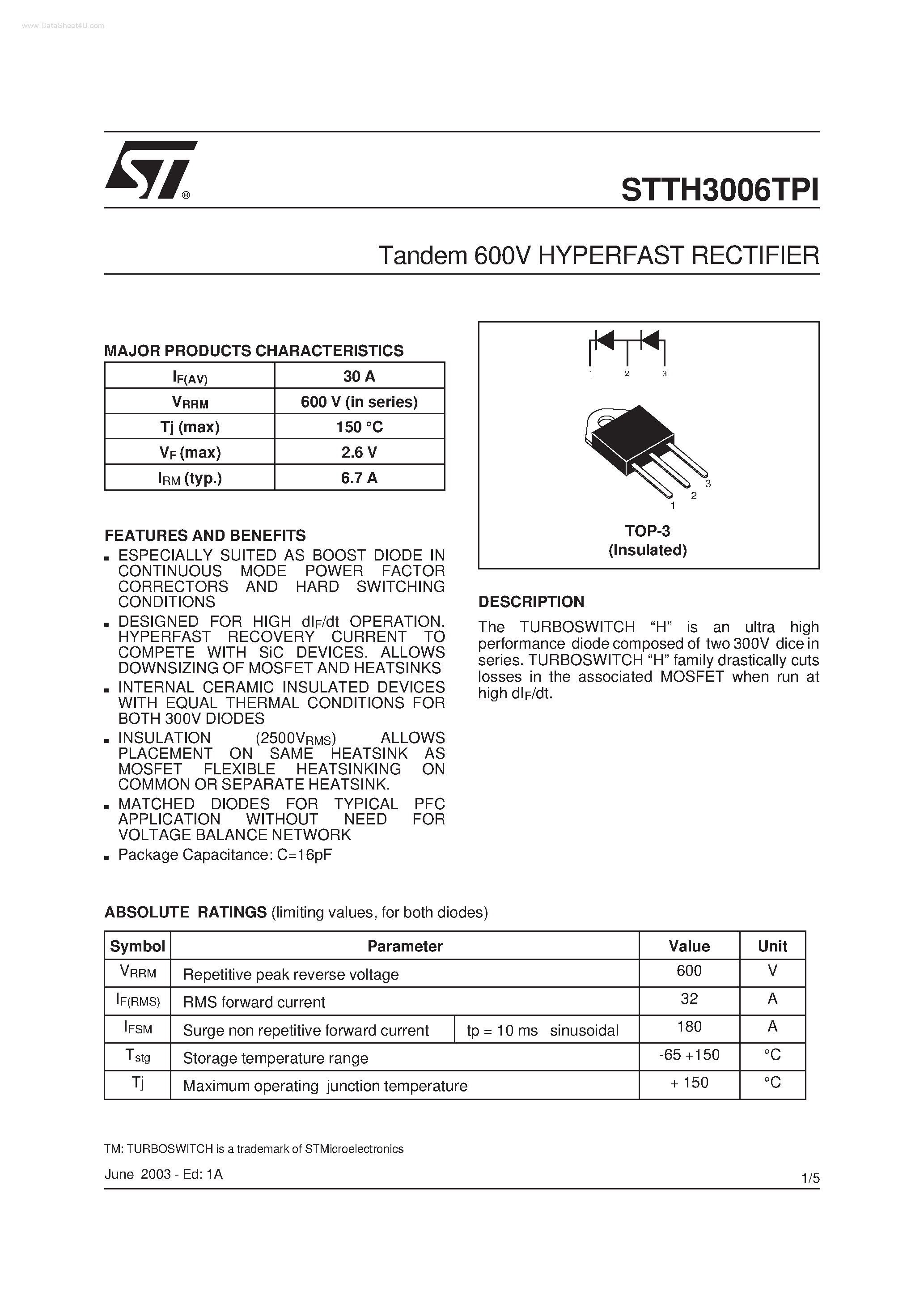 Datasheet STTH3006TPI page 1 Datasheet STTH3006TPI - Tandem 600V HYPERFAST RECTIFIER page 1