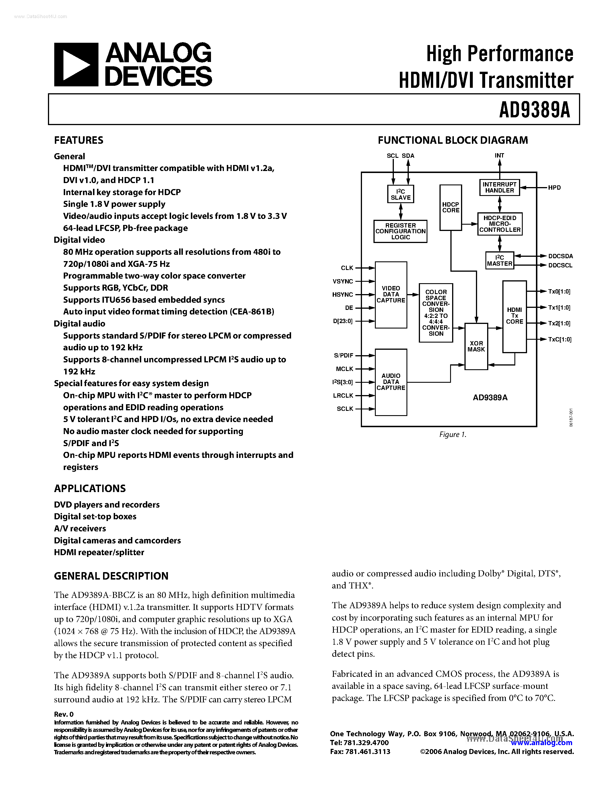 Datasheet AD9389A page 1 Datasheet AD9389A - High Performance HDMI/DVI Transmitter page 1