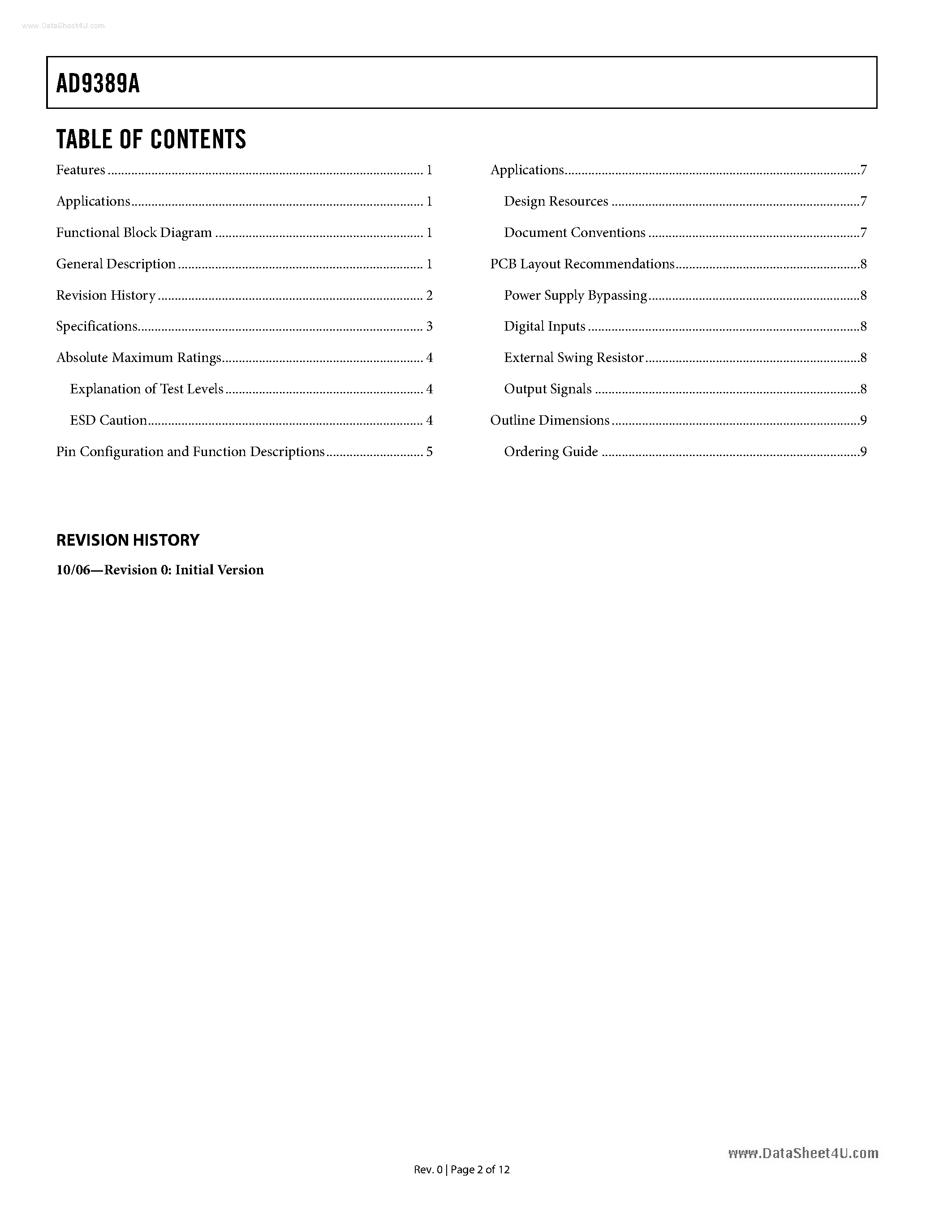 Datasheet AD9389A page 2 Datasheet AD9389A - High Performance HDMI/DVI Transmitter page 2