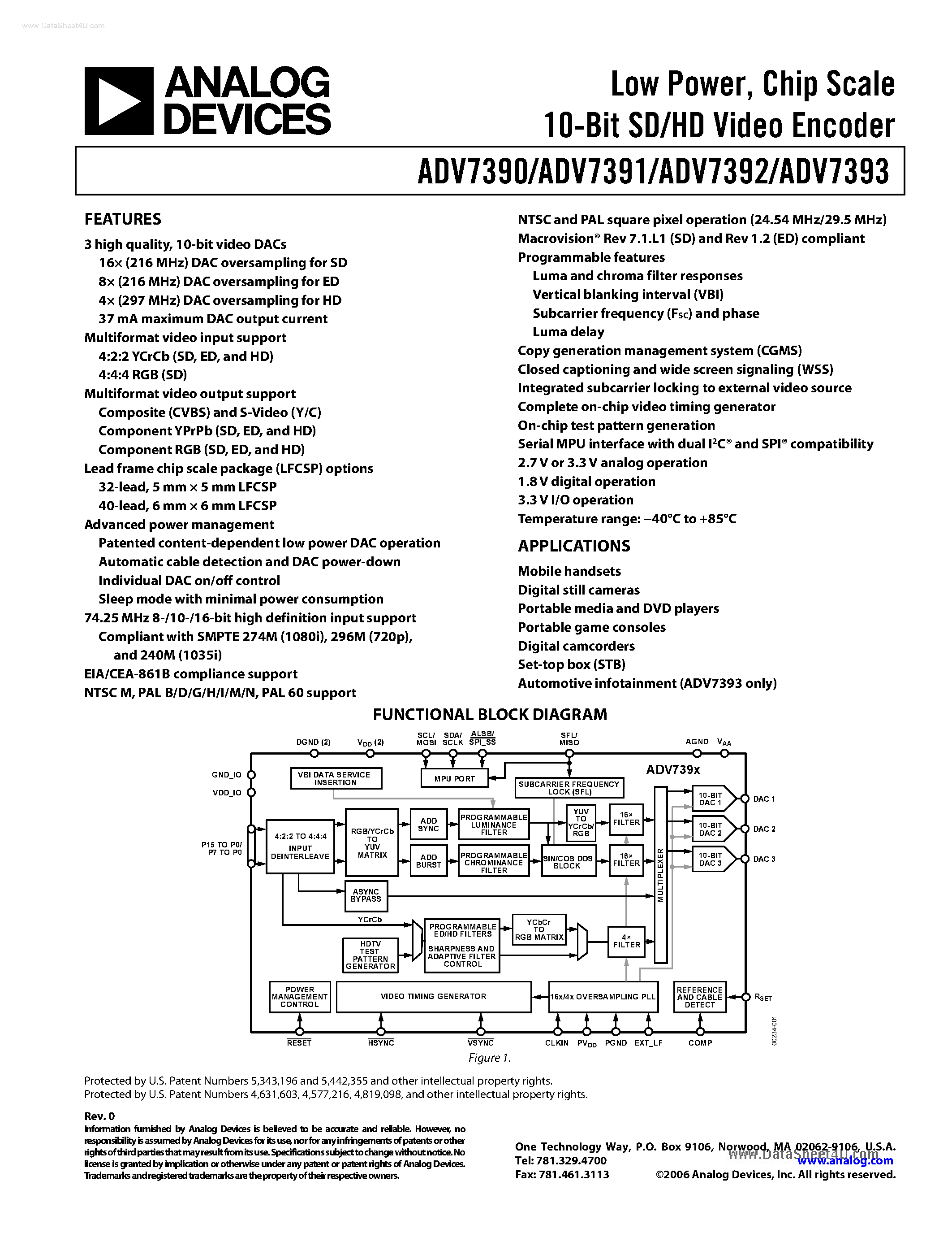 Datasheet ADV7391 - (ADV7390 - ADV7393) Low Power 10-Bit SD/HD Video Encoder page 1