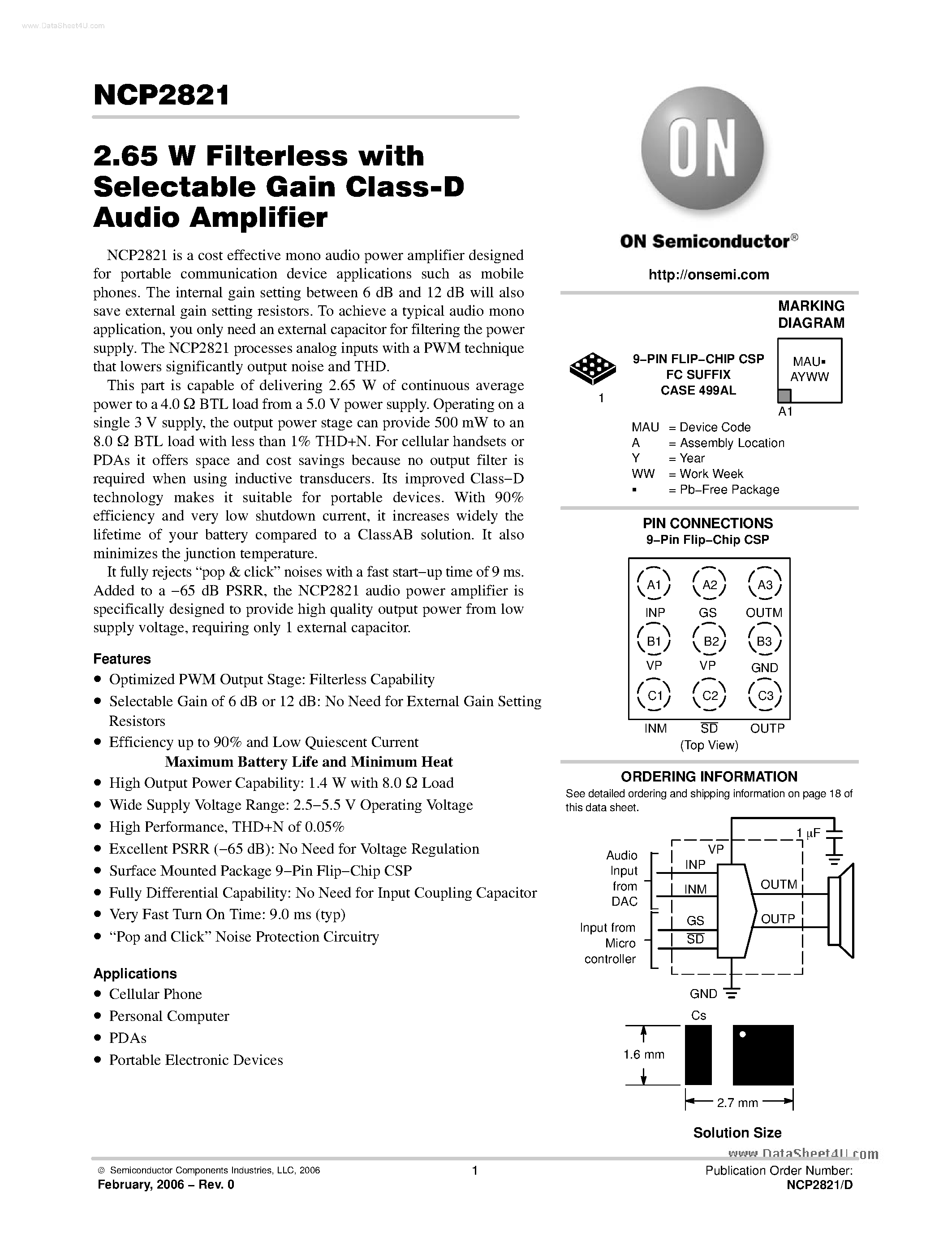 Datasheet NCP2821 - 2.65W Filterless page 1