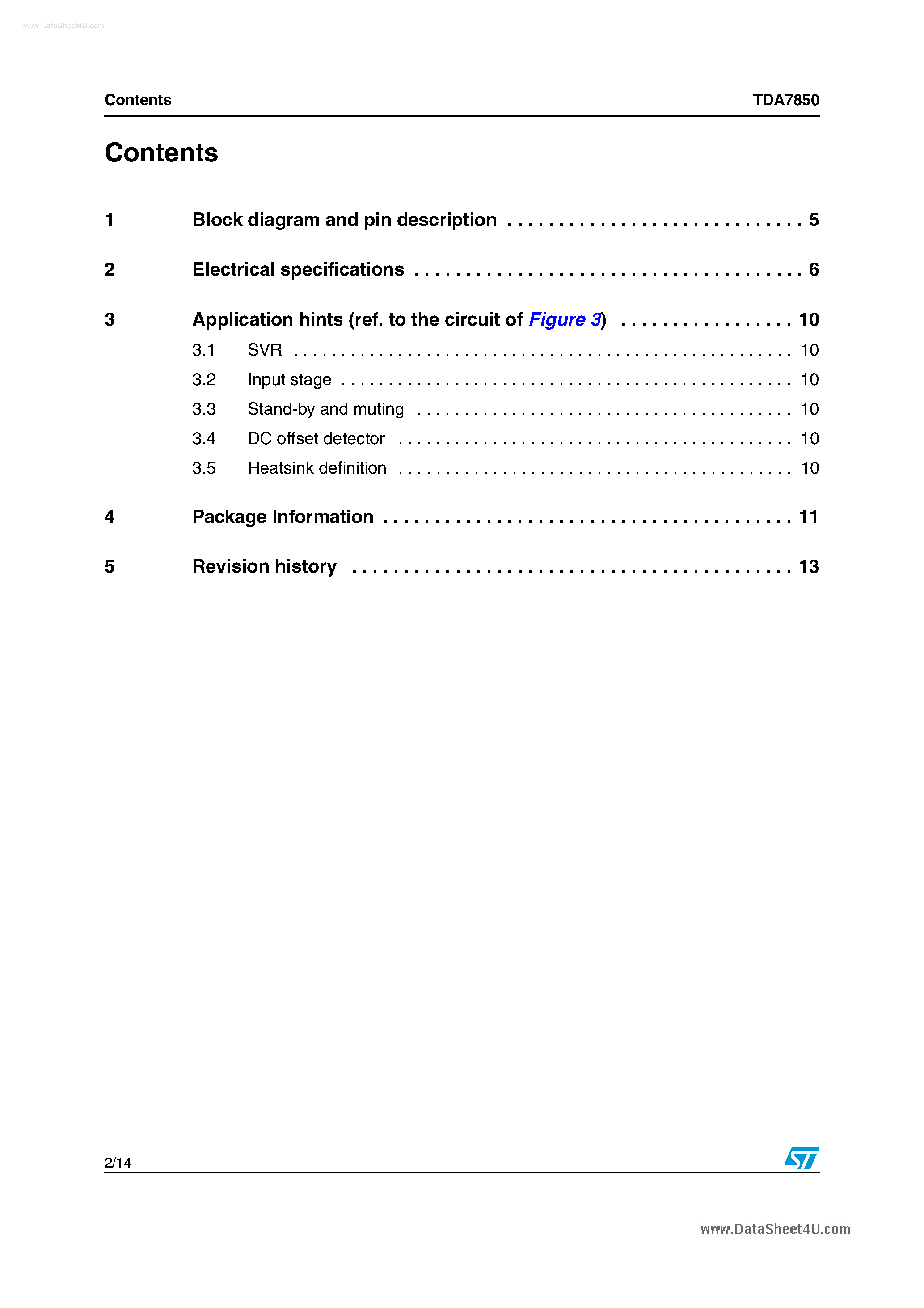 Datasheet TDA7850 - 4 x 50W MOSFET Quad Bridge Power Amplifier Plus HSD page 2
