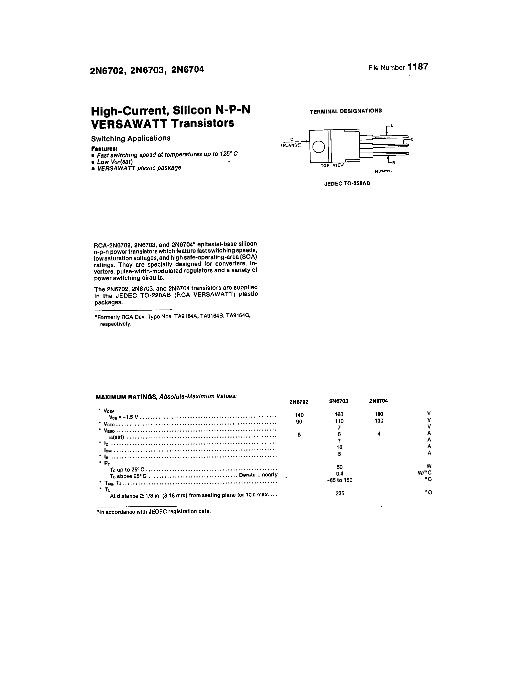 Даташит 2N6702 - (2N6702 - 2N6704) High-Current silicon NPN Versawatt Transistors страница 1