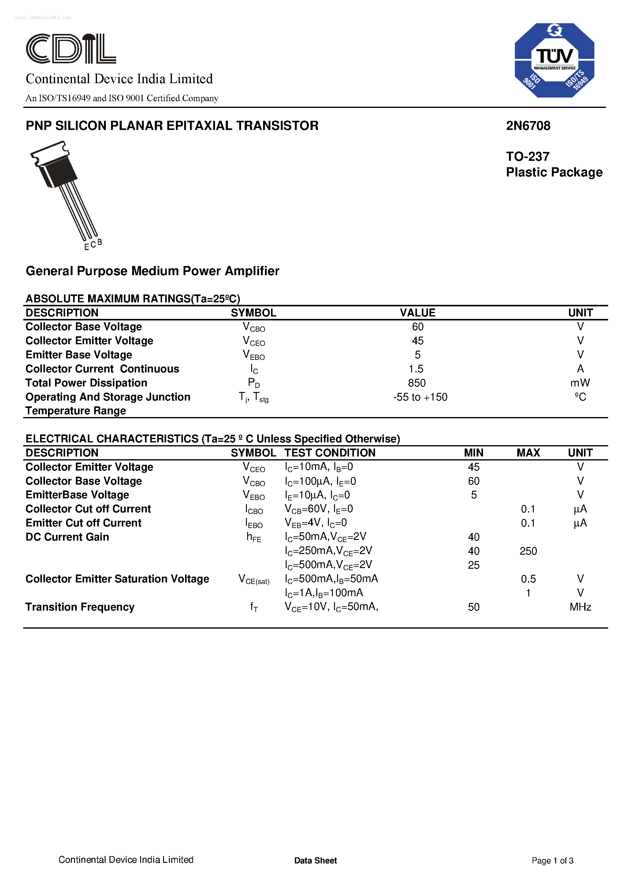 Datasheet 2N6708 - PNP SILICON PLANAR EPITAXIAL TRANSISTOR page 1