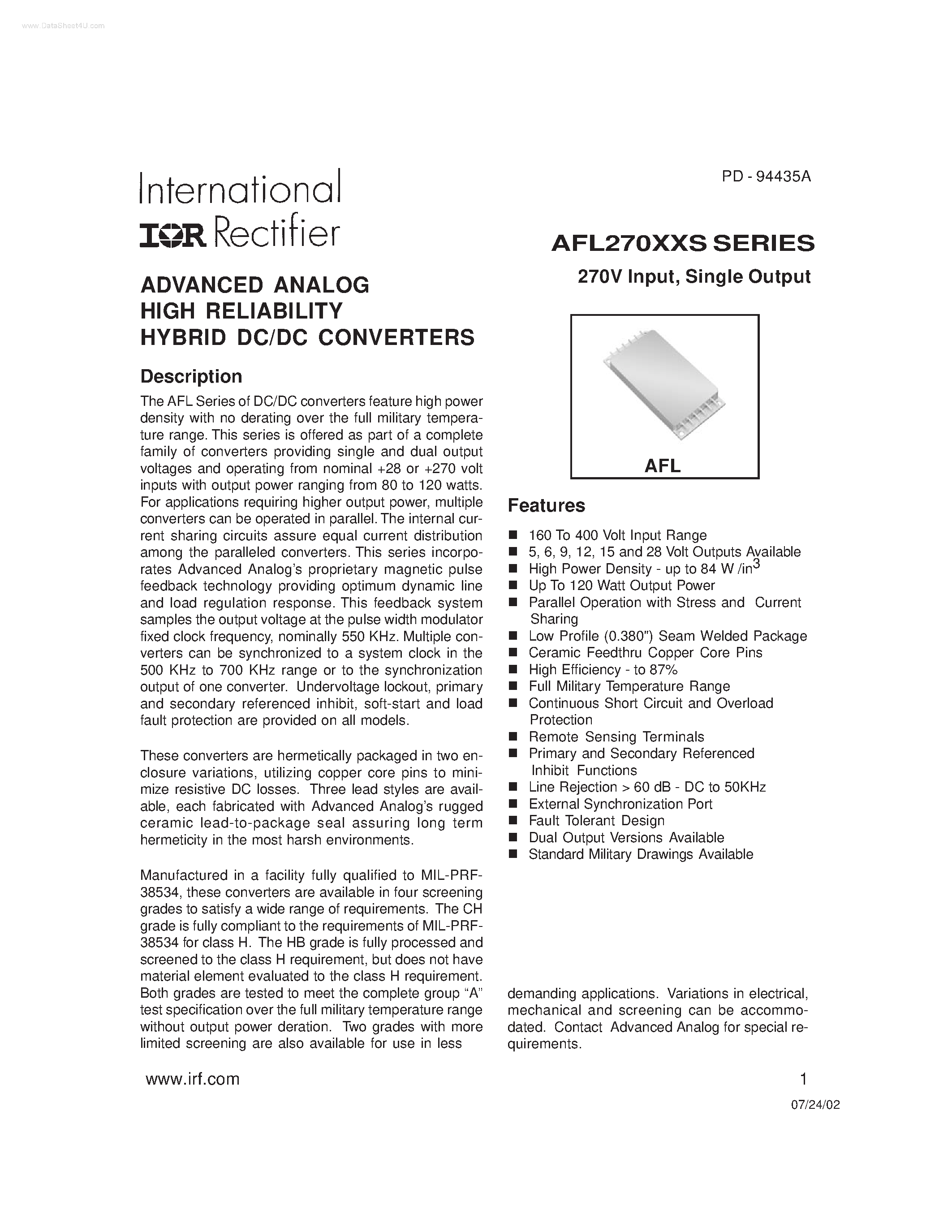 Datasheet AFL270XXS - ADVANCED ANALOG HIGH RELIABILITY HYBRID DC/DC CONVERTERS page 1