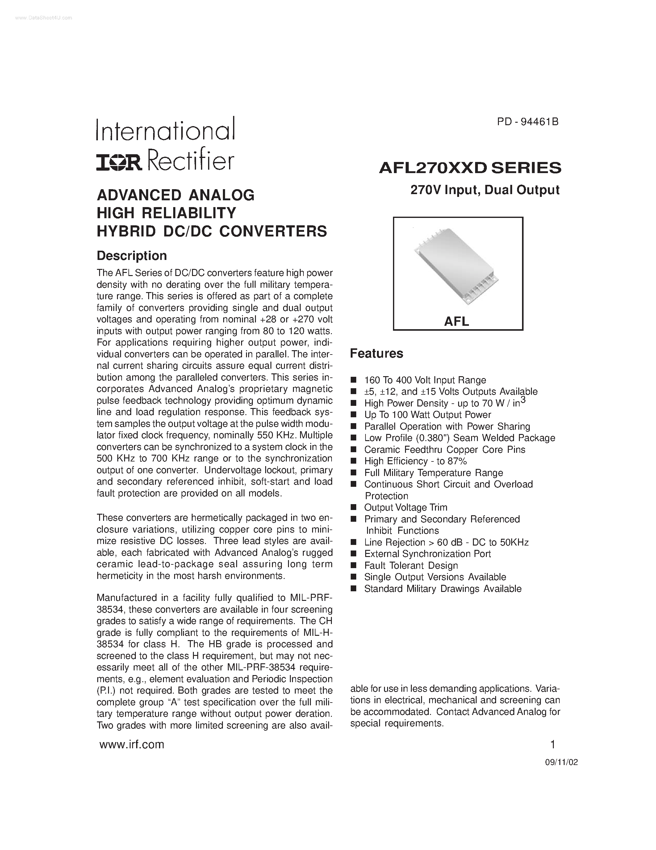Datasheet AFL270XXD page 1 Datasheet AFL270XXD - ADVANCED ANALOG HIGH RELIABILITY HYBRID DC/DC CONVERTERS page 1