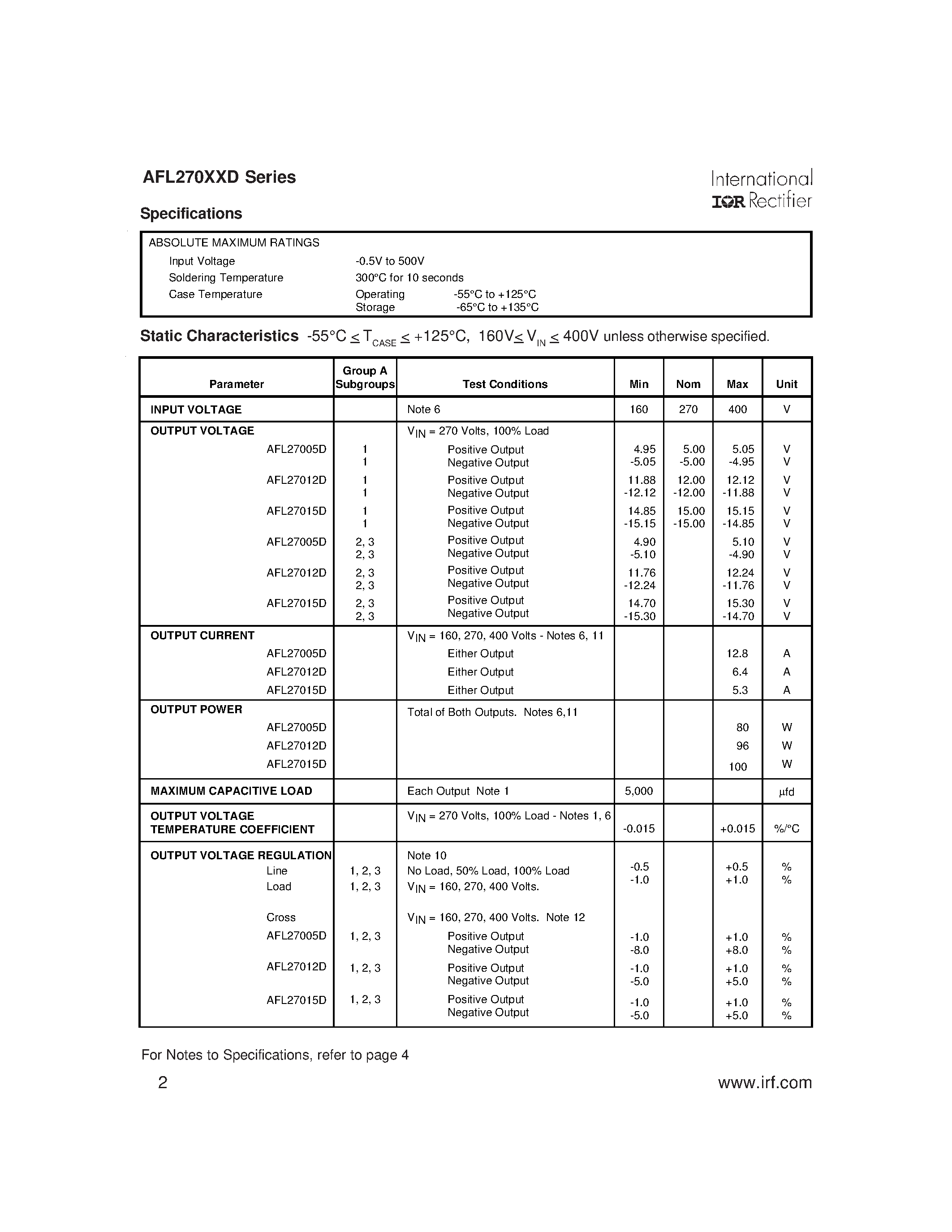 Datasheet AFL270XXD page 2 Datasheet AFL270XXD - ADVANCED ANALOG HIGH RELIABILITY HYBRID DC/DC CONVERTERS page 2