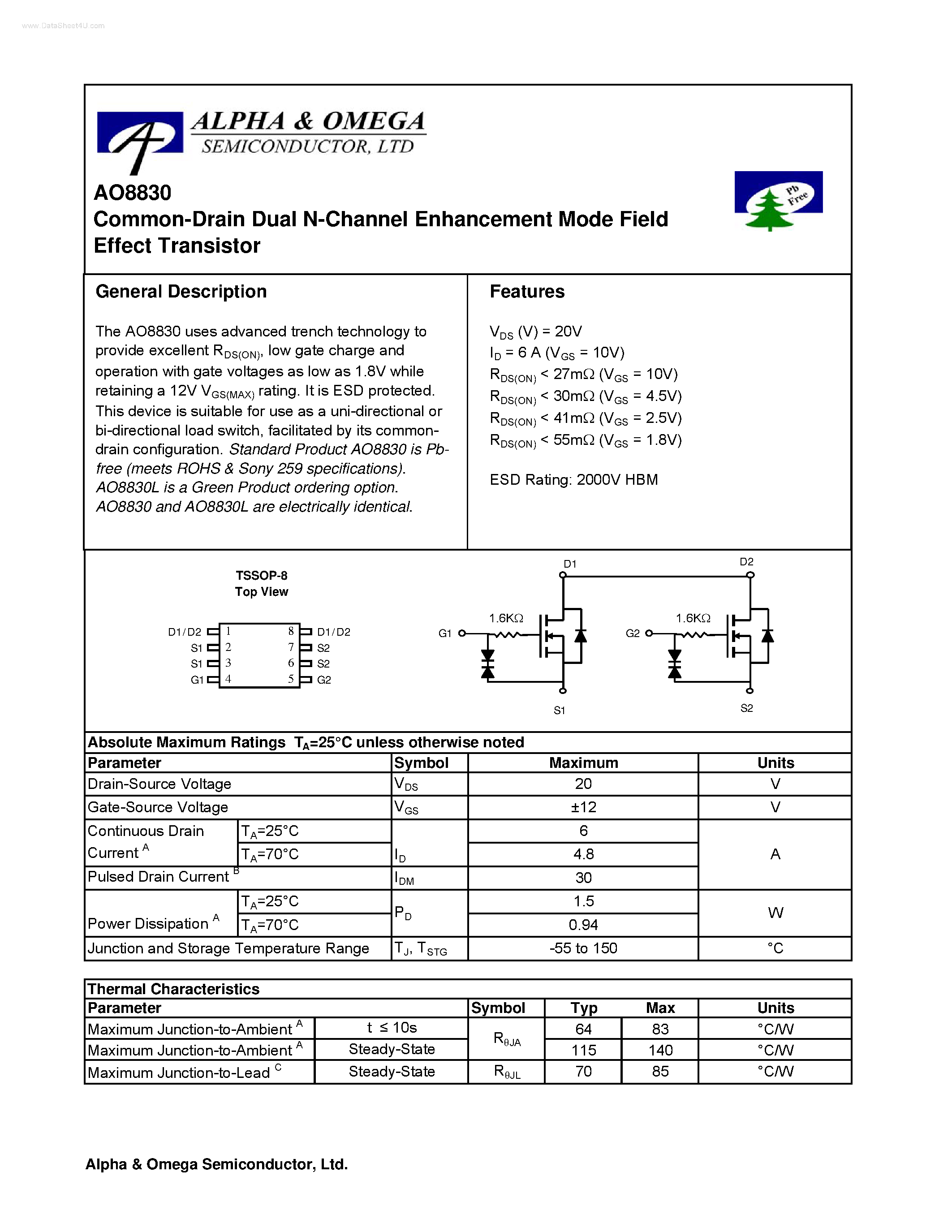 Datasheet AO8830 - Common-Drain Dual N-Channel Enhancement Mode Field Effect Transistor page 1