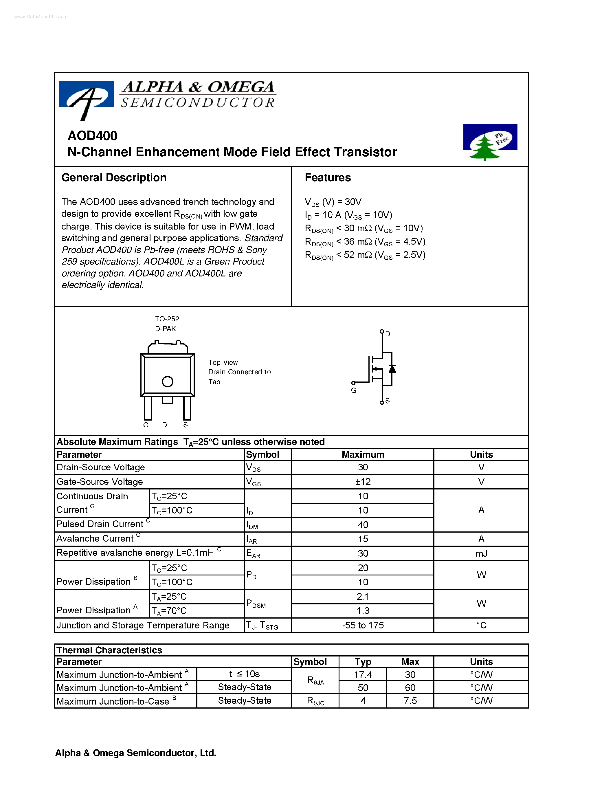 Datasheet AOD400 - N-Channel Enhancement Mode Field Effect Transistor page 1