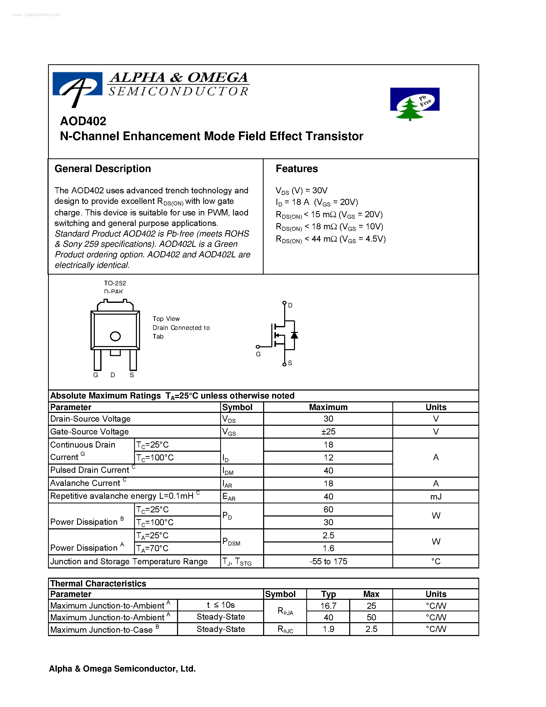 Datasheet AOD402 - N-Channel Enhancement Mode Field Effect Transistor page 1