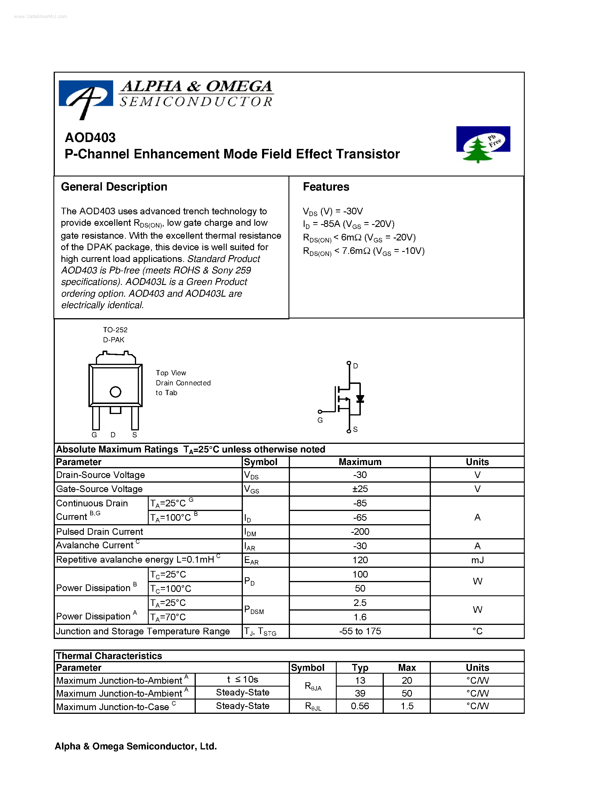 Datasheet AOD403 - P-Channel Enhancement Mode Field Effect Transistor page 1