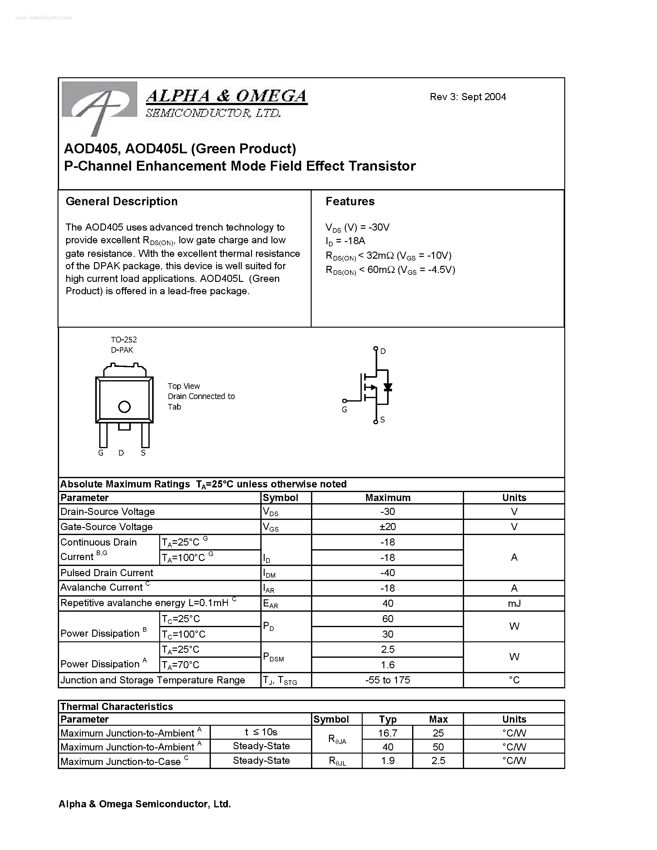 Datasheet AOD405 - P-Channel Enhancement Mode Field Effect Transistor page 1