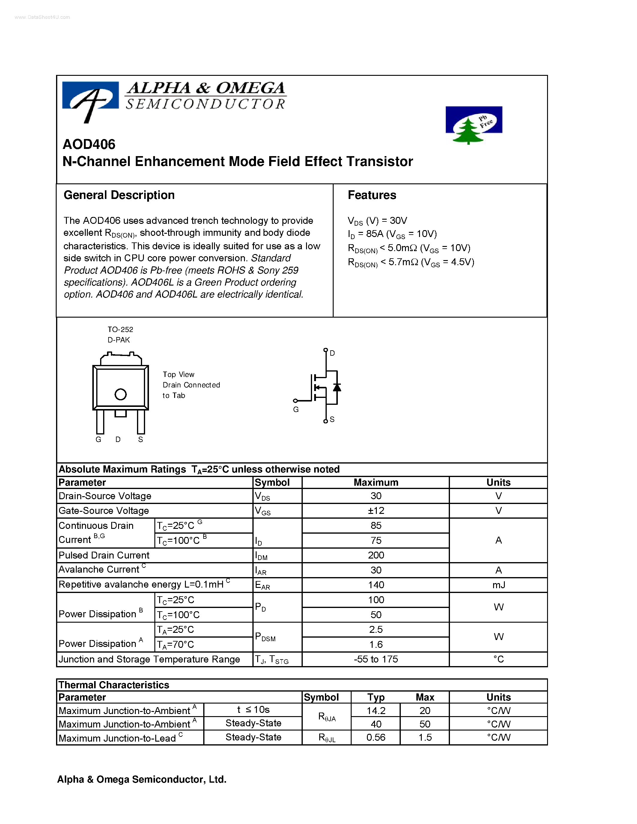 Datasheet AOD406 - N-Channel Enhancement Mode Field Effect Transistor page 1
