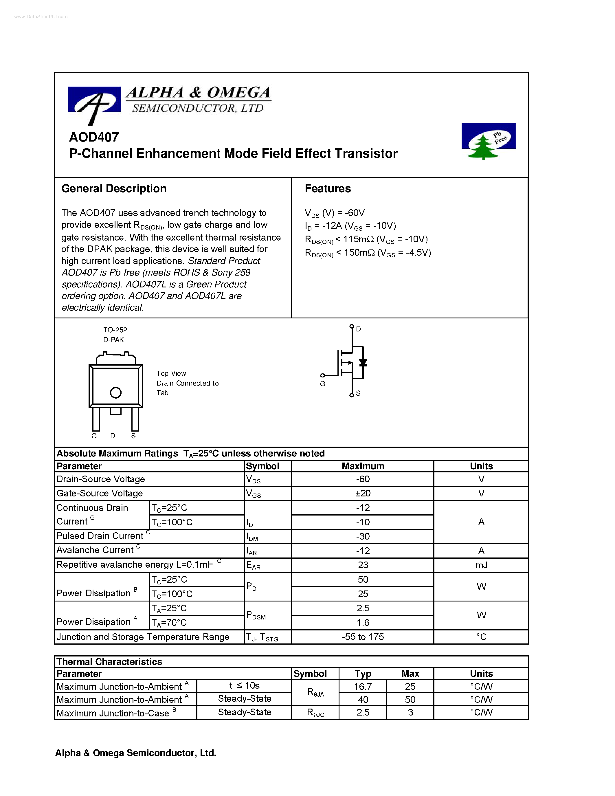 Datasheet AOD407 - P-Channel Enhancement Mode Field Effect Transistor page 1