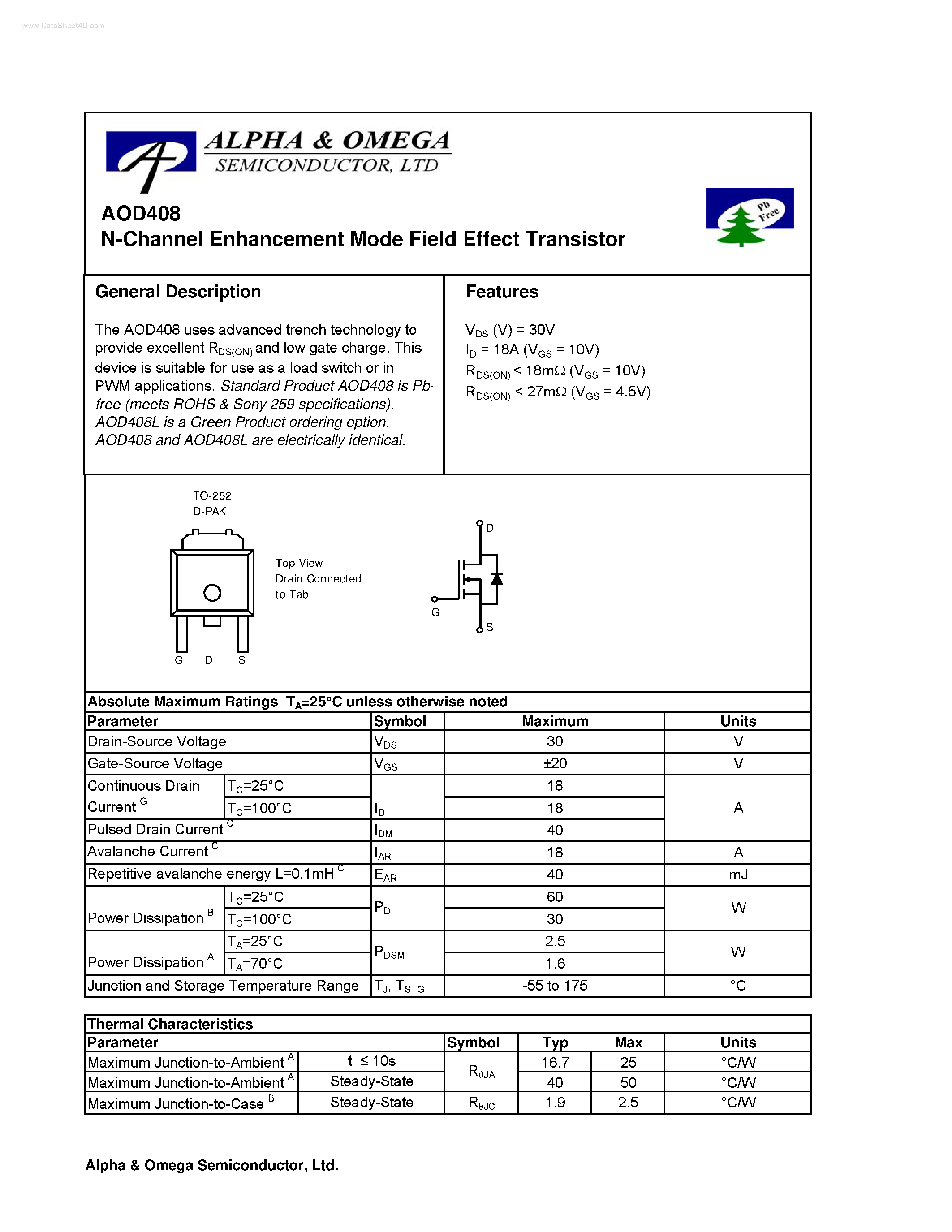 Datasheet AOD408 - N-Channel Enhancement Mode Field Effect Transistor page 1