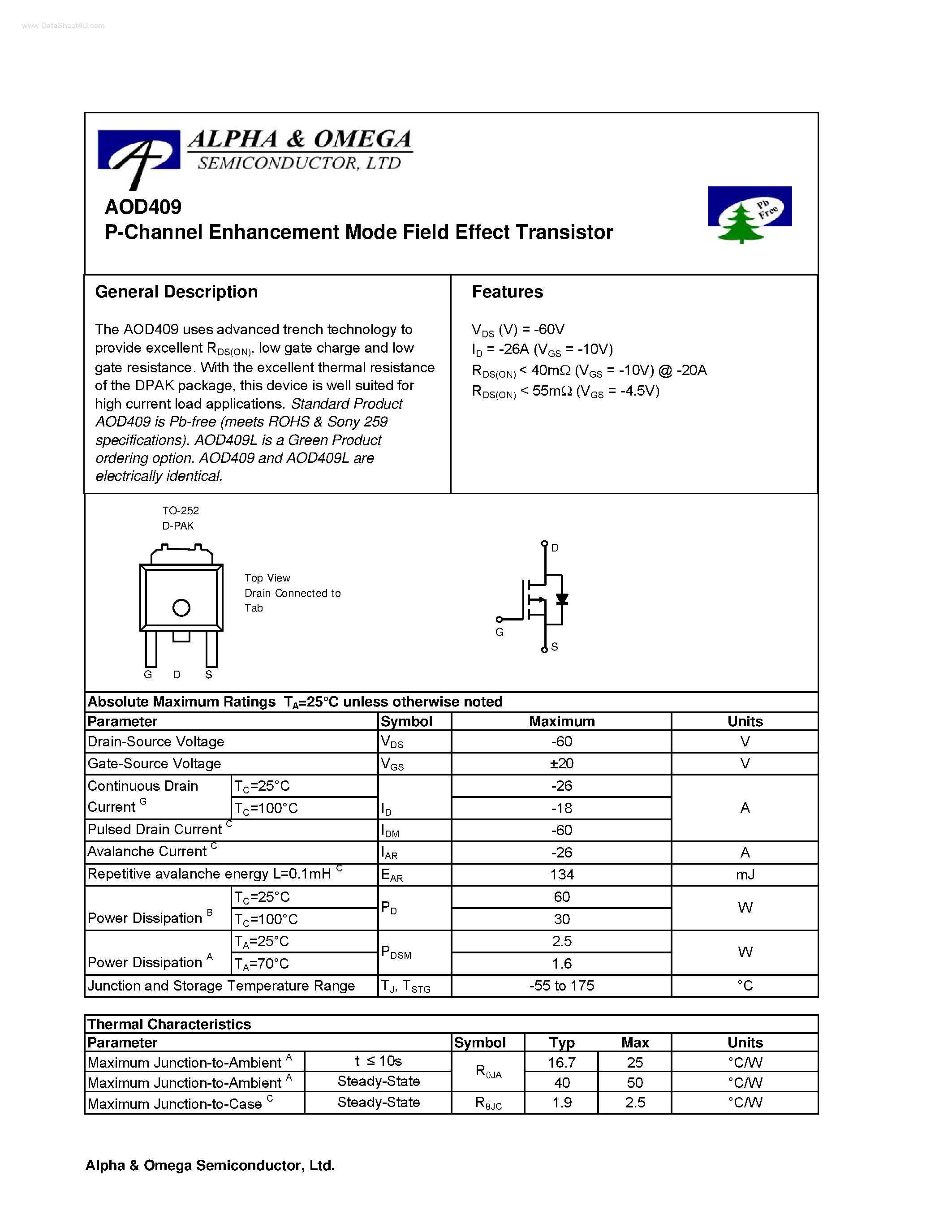 Datasheet AOD409 - P-Channel Enhancement Mode Field Effect Transistor page 1