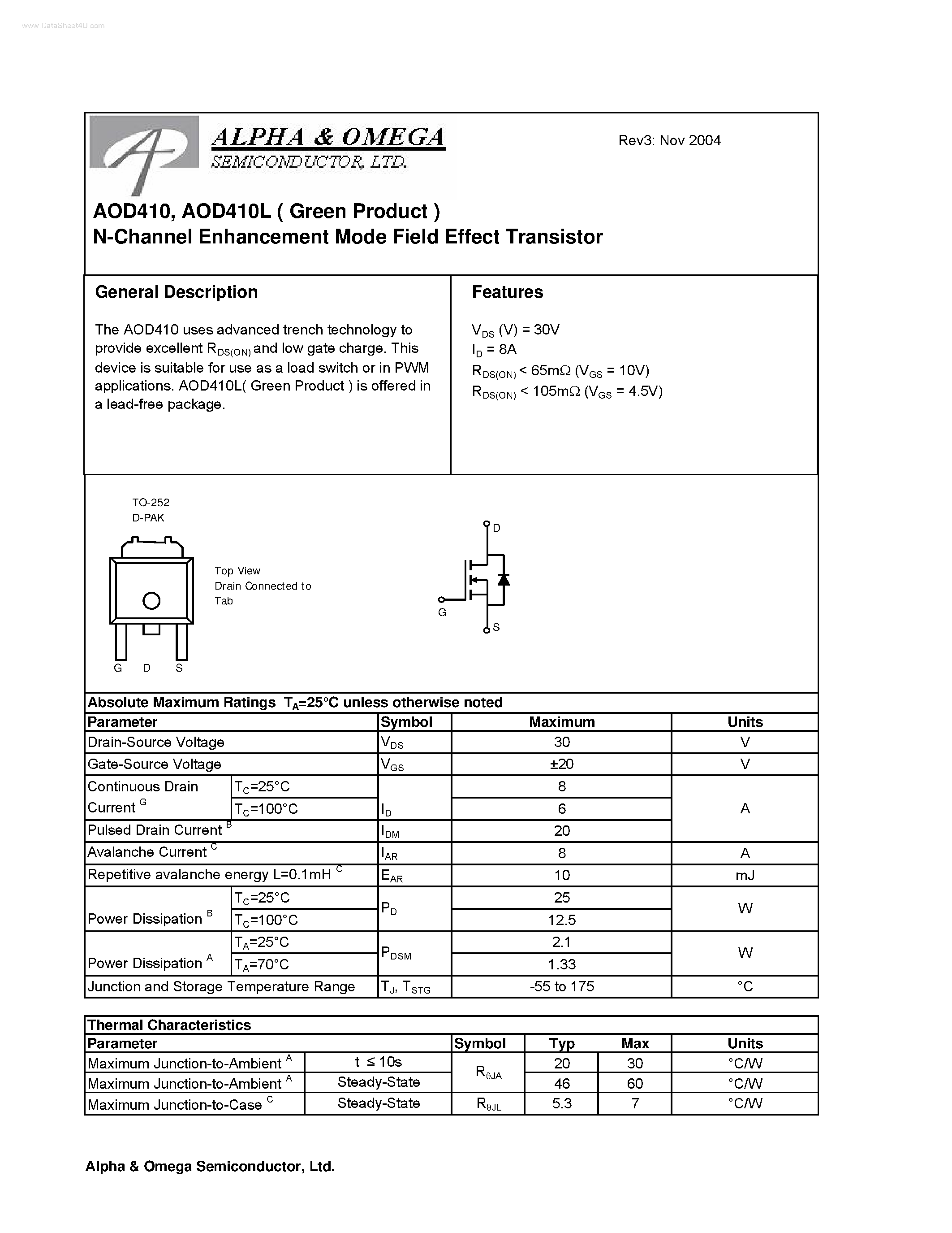 Datasheet AOD410 - N-Channel Enhancement Mode Field Effect Transistor page 1