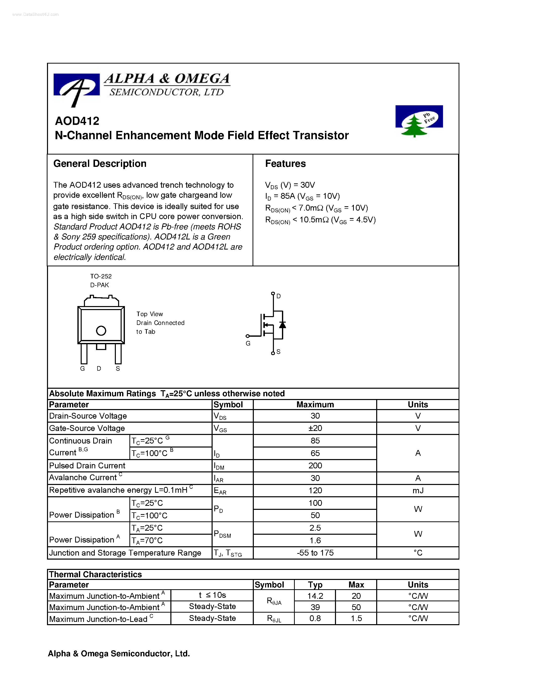 Datasheet AOD412 - N-Channel Enhancement Mode Field Effect Transistor page 1