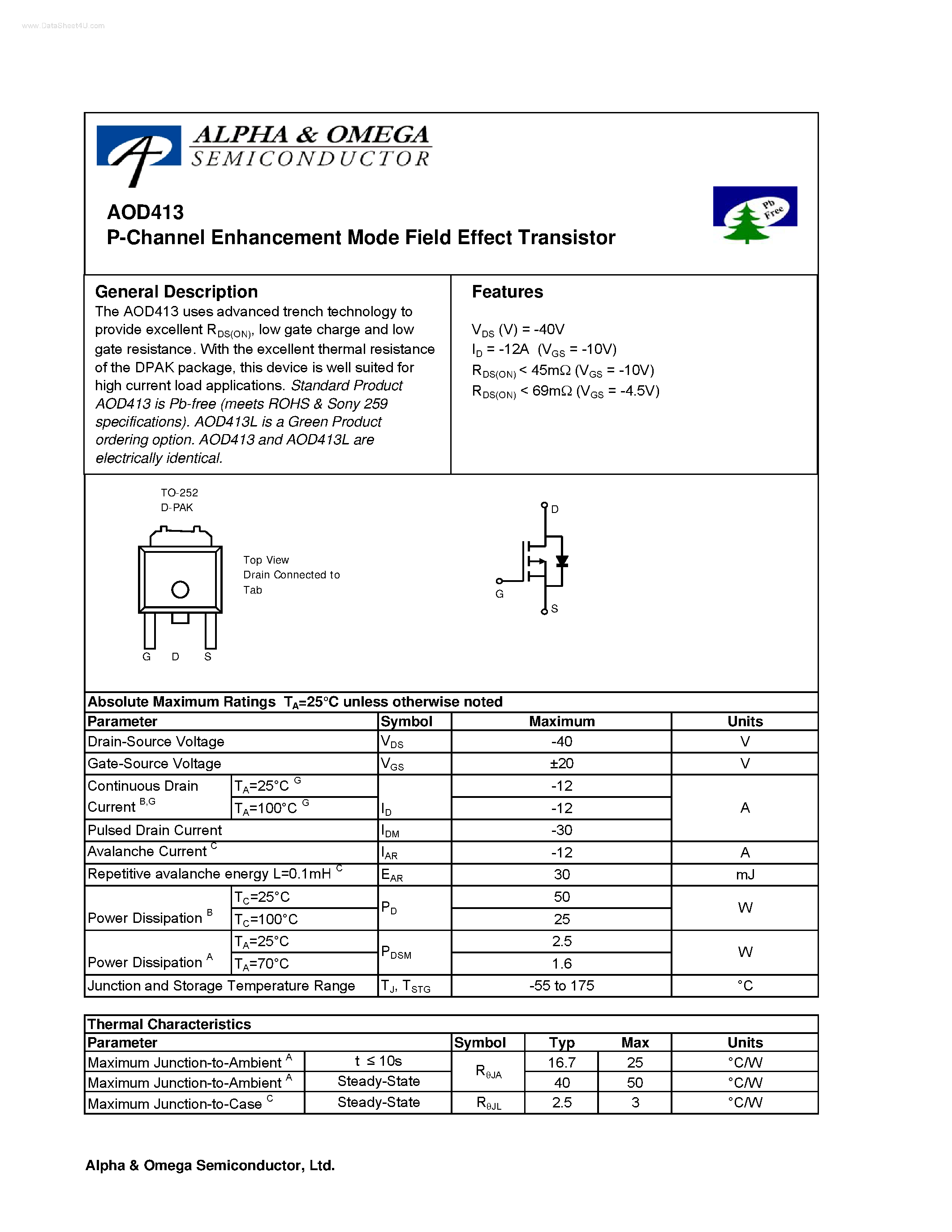 Datasheet AOD413 - P-Channel Enhancement Mode Field Effect Transistor page 1