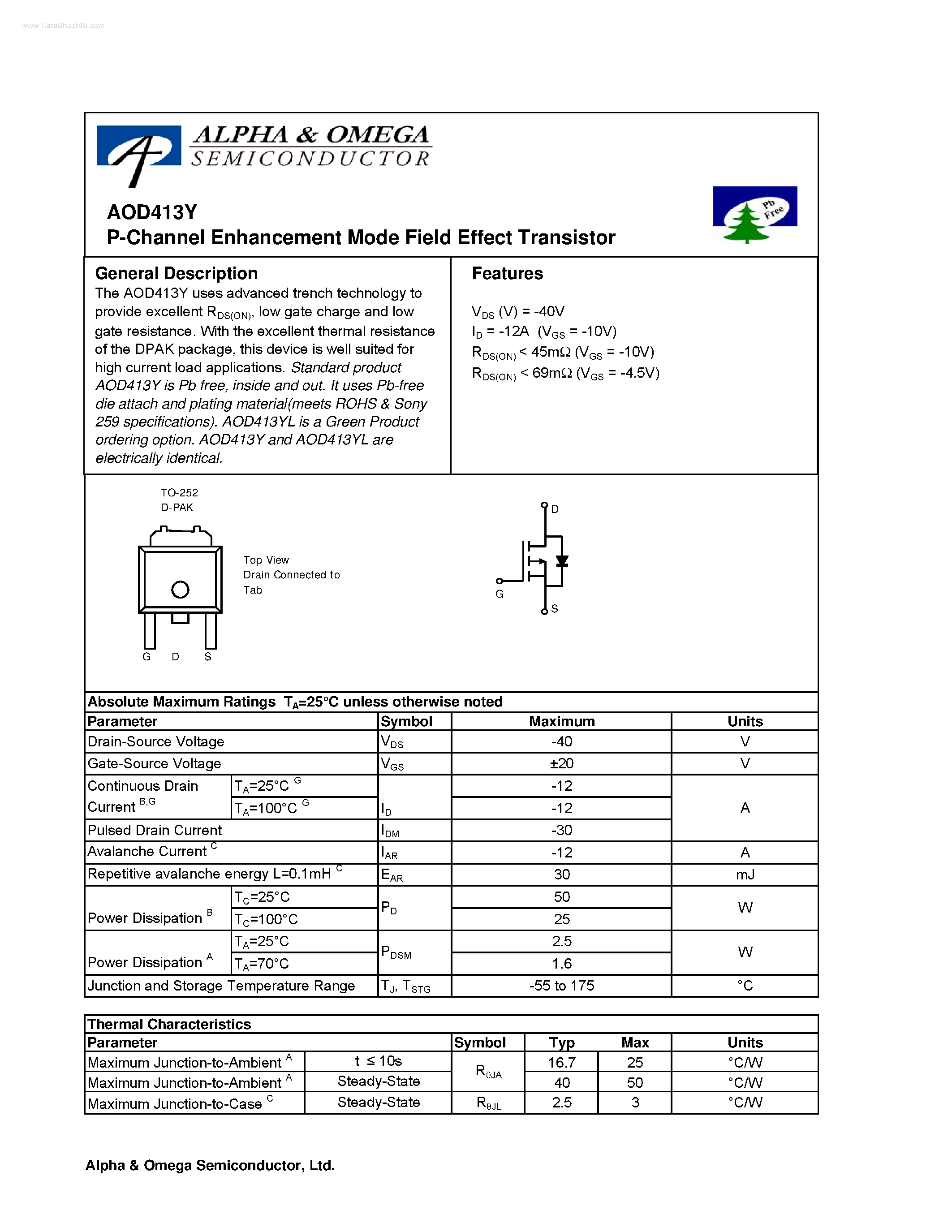 Datasheet AOD413Y - P-Channel Enhancement Mode Field Effect Transistor page 1
