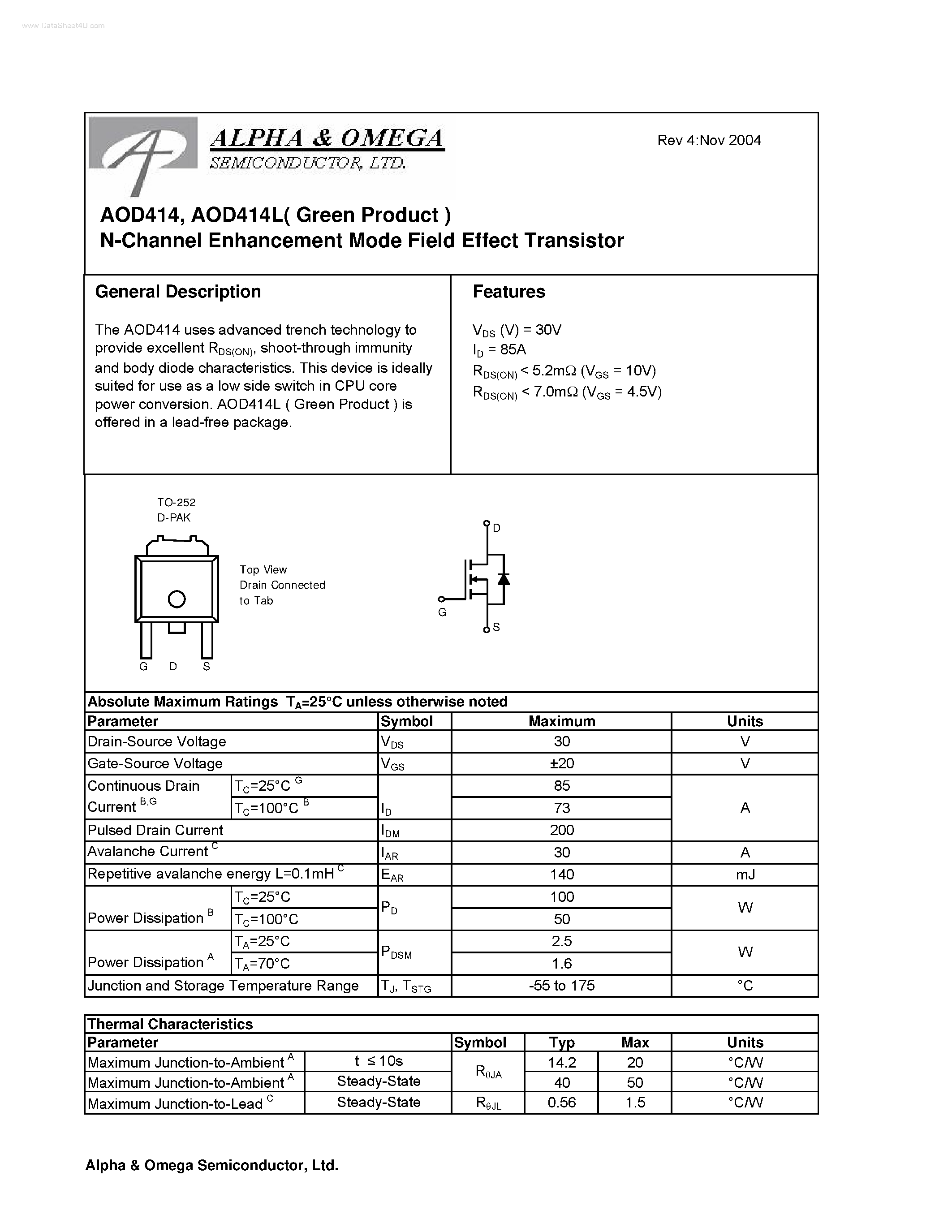 Datasheet AOD414 - N-Channel Enhancement Mode Field Effect Transistor page 1
