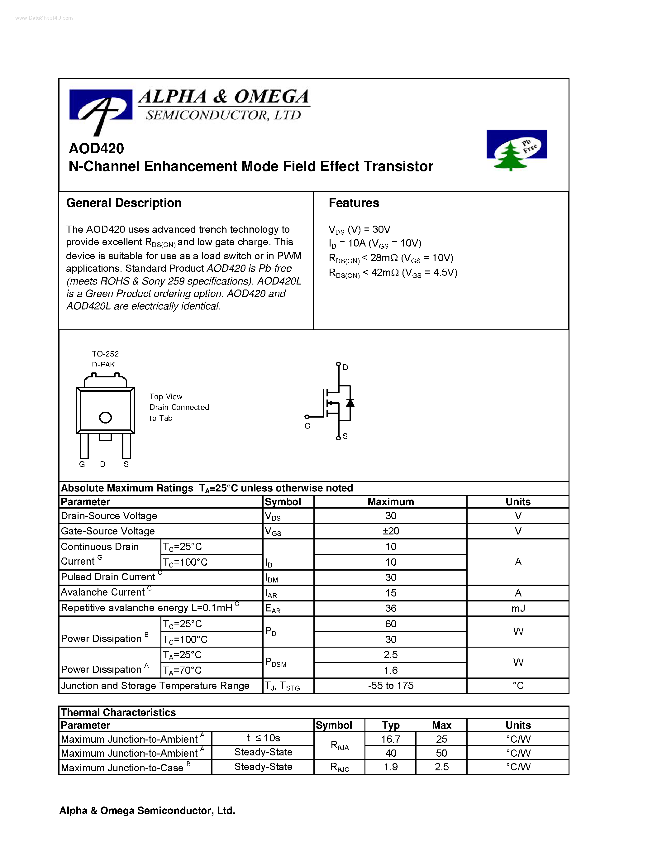 Datasheet AOD420 - N-Channel Enhancement Mode Field Effect Transistor page 1