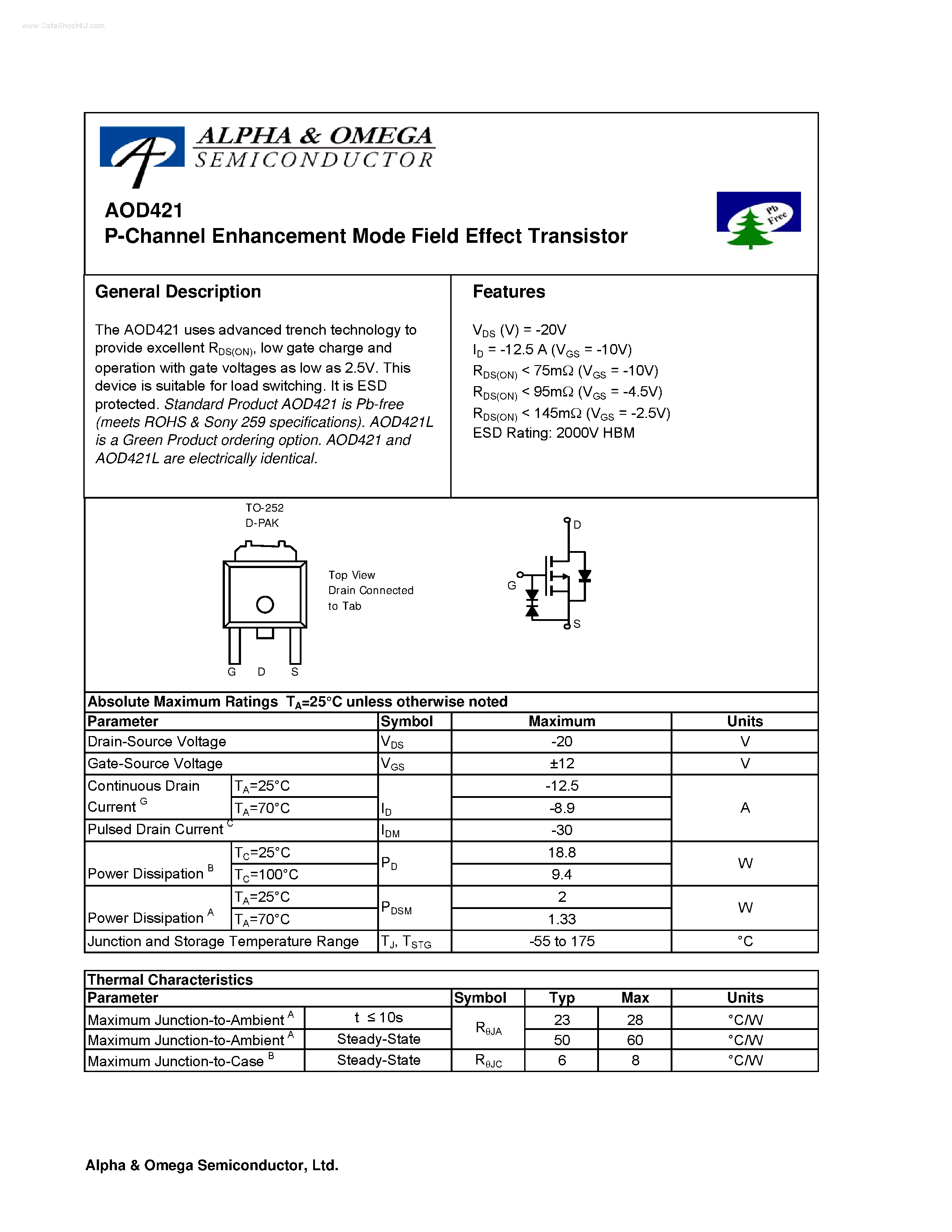 Datasheet AOD421 - P-Channel Enhancement Mode Field Effect Transistor page 1