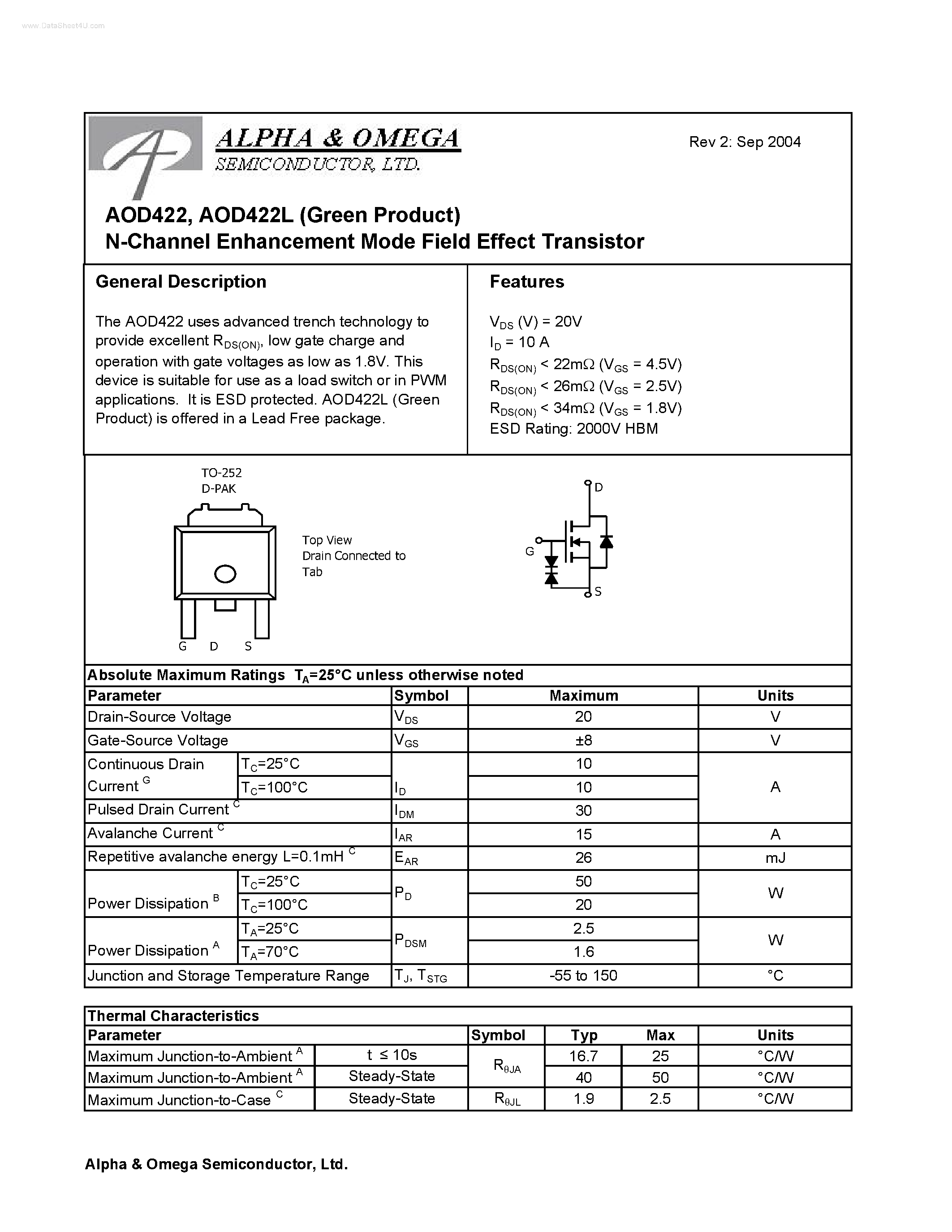 Datasheet AOD422 - N-Channel Enhancement Mode Field Effect Transistor page 1