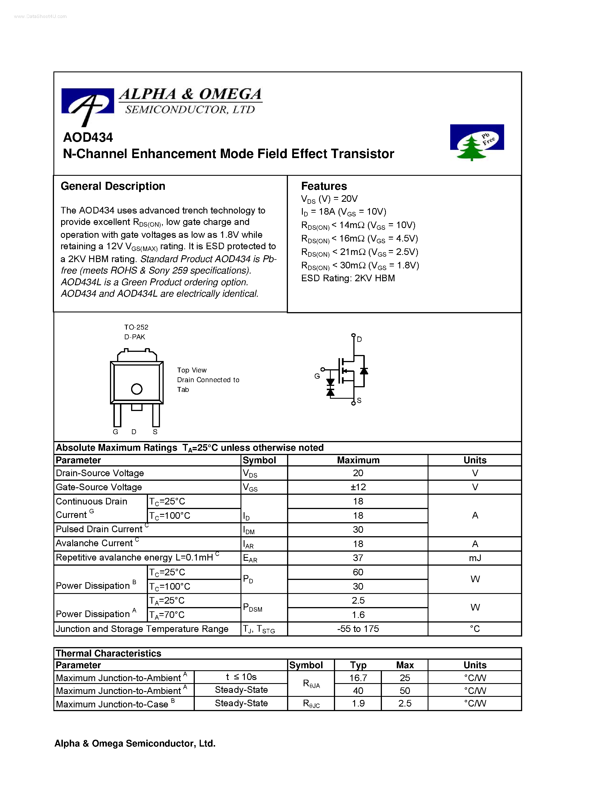 Datasheet AOD434 - N-Channel Enhancement Mode Field Effect Transistor page 1