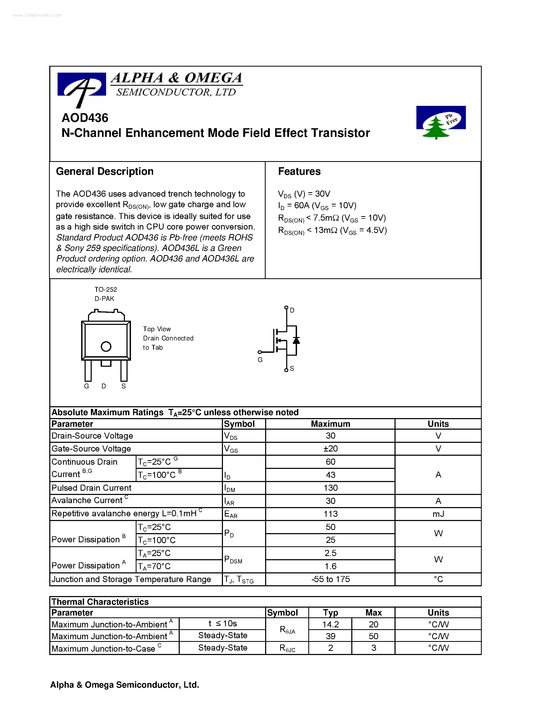 Datasheet AOD436 - N-Channel Enhancement Mode Field Effect Transistor page 1