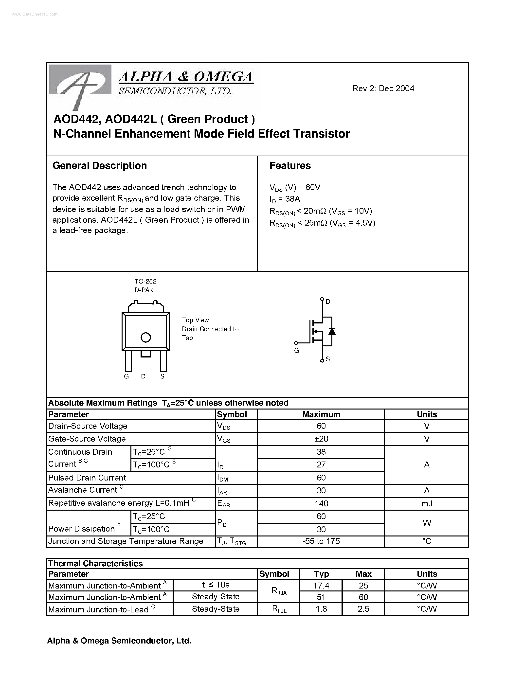 Datasheet AOD442 - N-Channel Enhancement Mode Field Effect Transistor page 1