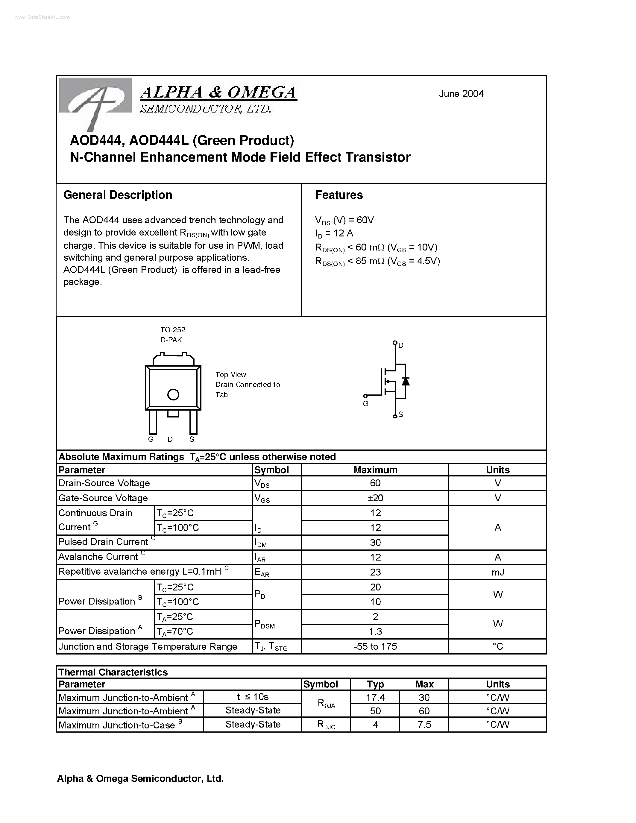 Datasheet AOD444 - N-Channel Enhancement Mode Field Effect Transistor page 1