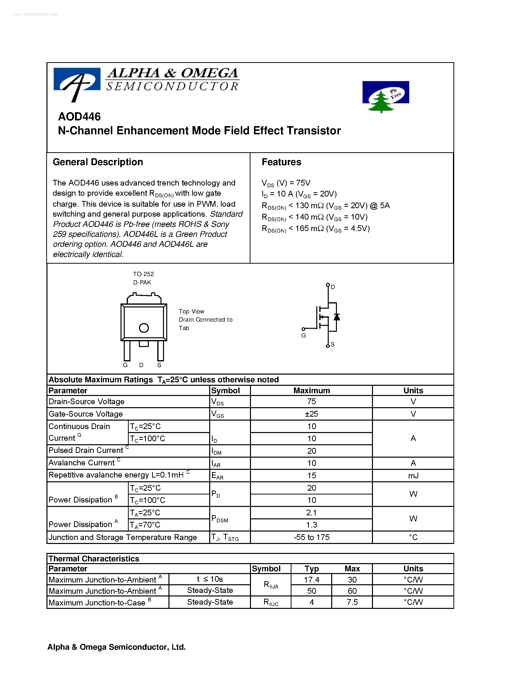 Datasheet AOD446 - N-Channel Enhancement Mode Field Effect Transistor page 1