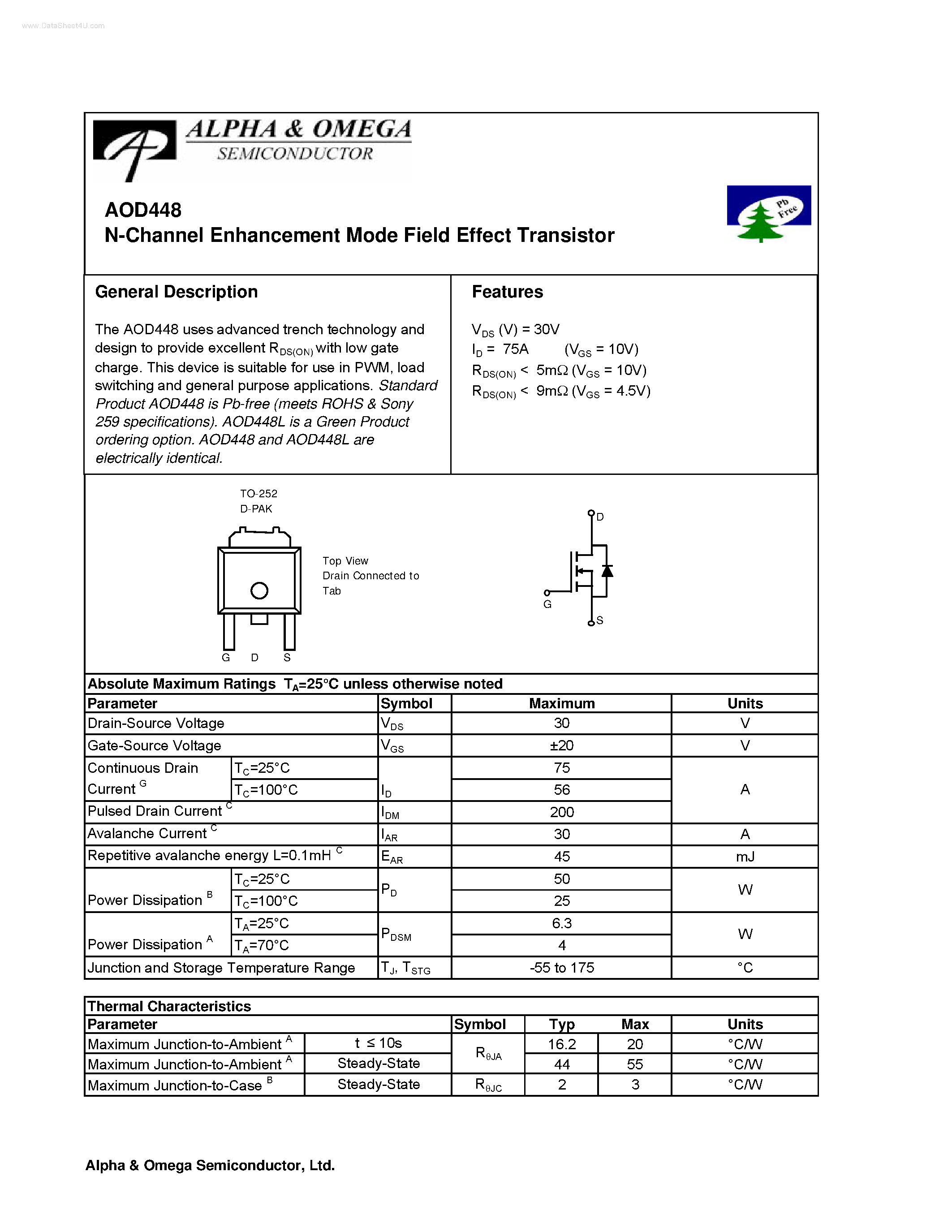 Datasheet AOD448 - N-Channel Enhancement Mode Field Effect Transistor page 1