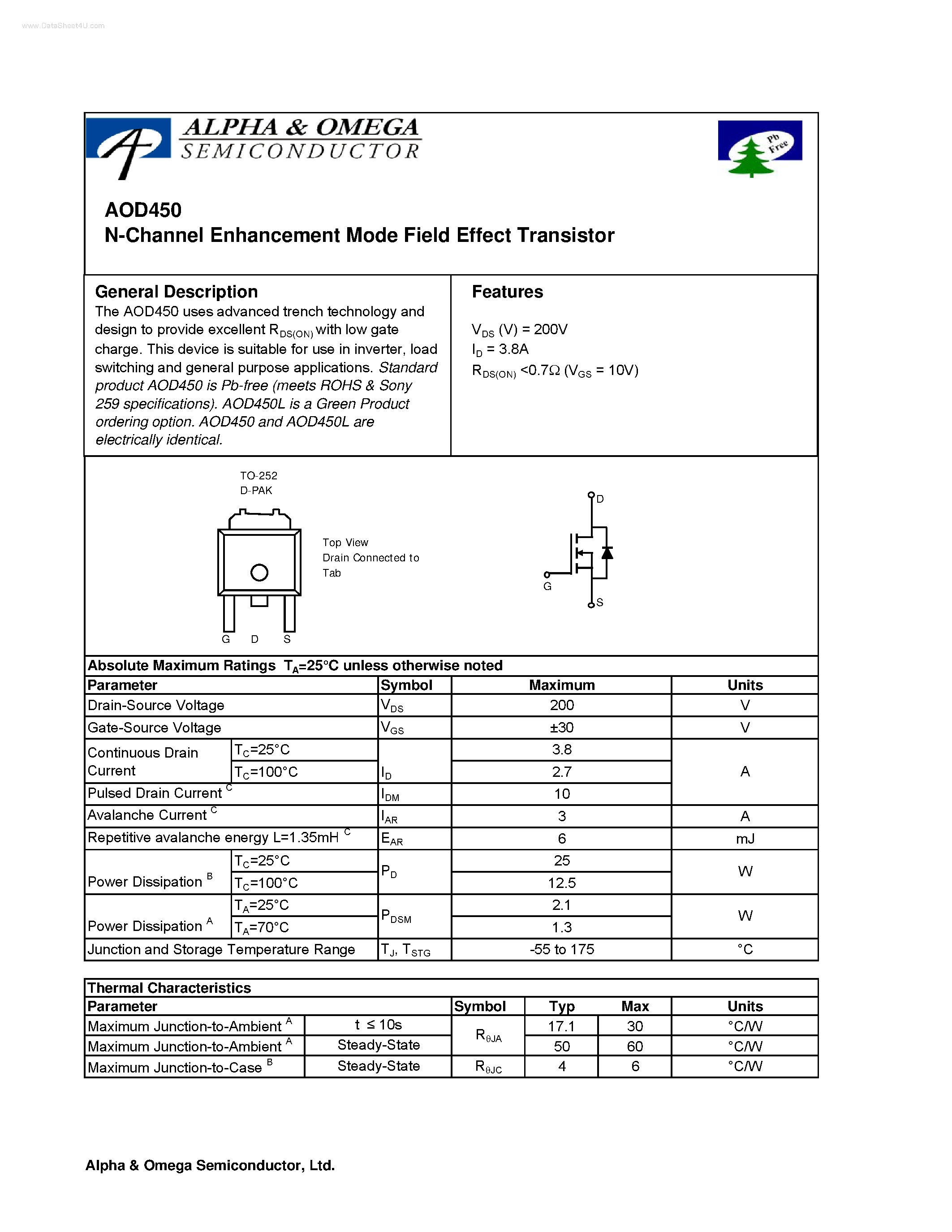 Datasheet AOD450 - N-Channel Enhancement Mode Field Effect Transistor page 1