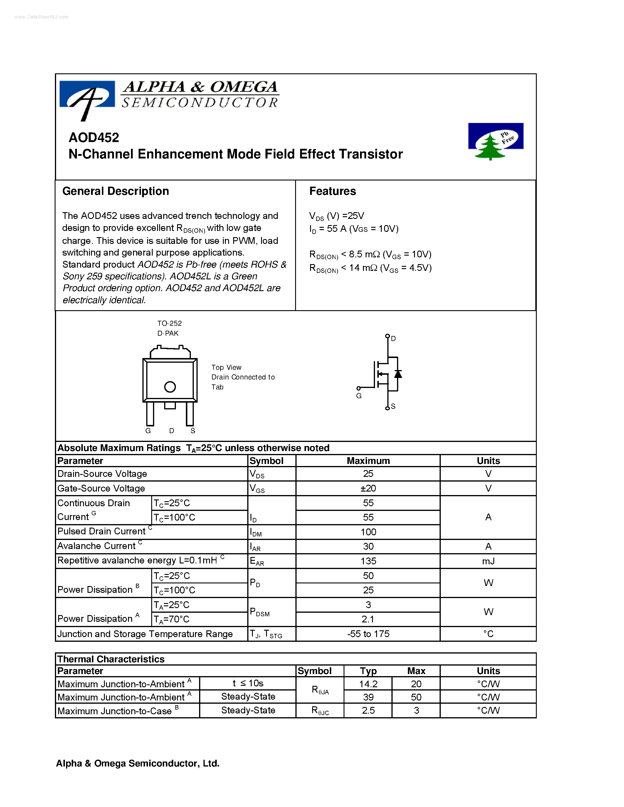 Datasheet AOD452 - N-Channel Enhancement Mode Field Effect Transistor page 1
