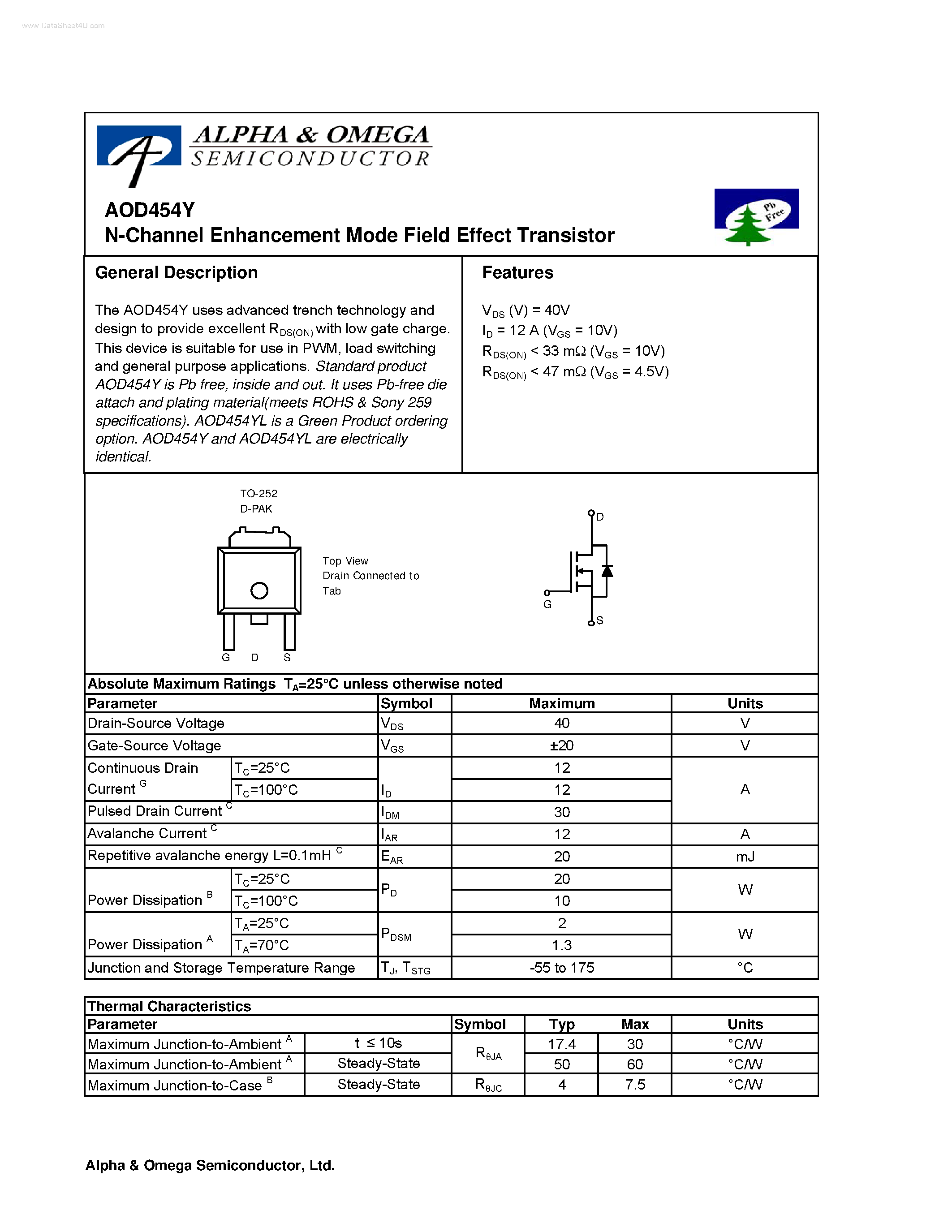 Datasheet AOD454Y - N-Channel Enhancement Mode Field Effect Transistor page 1