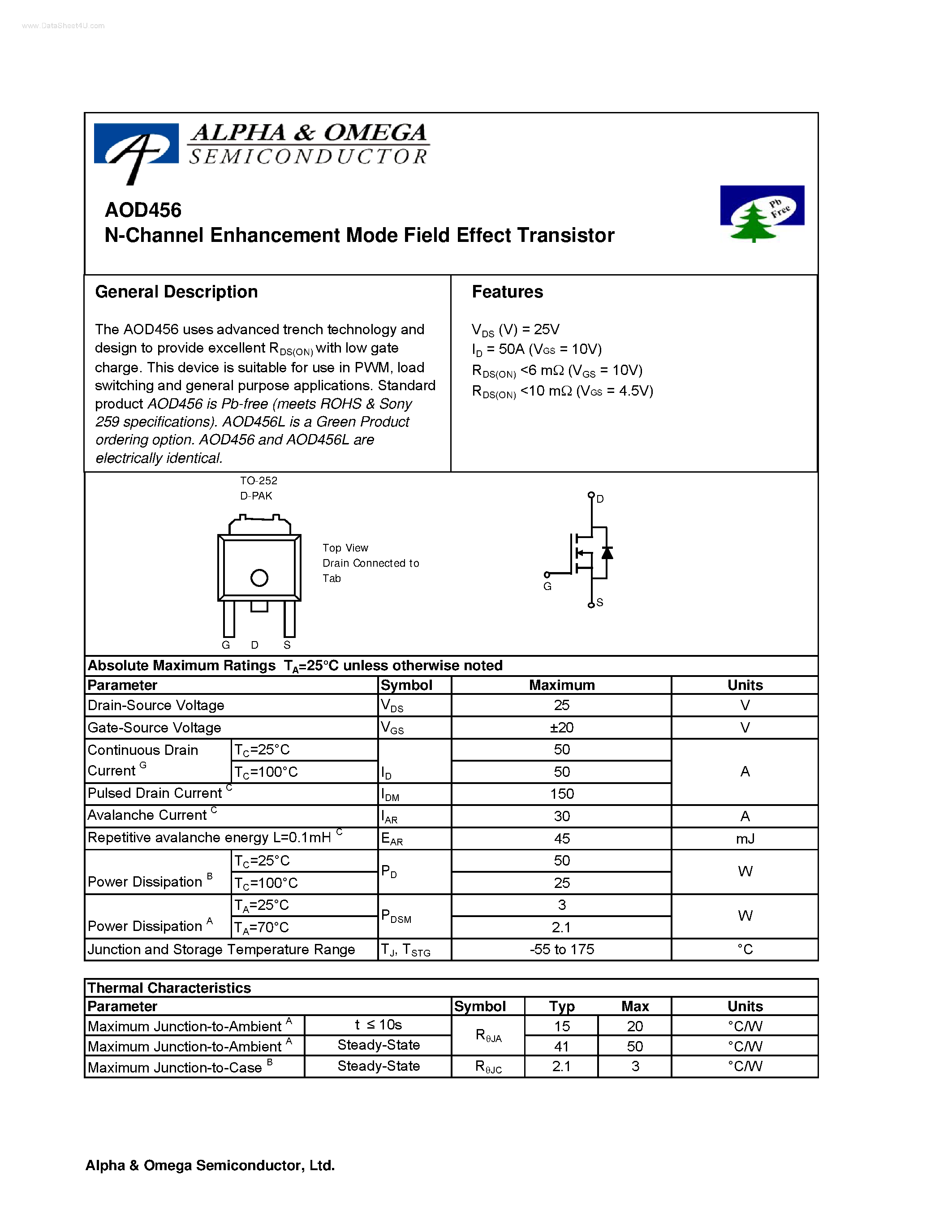 Datasheet AOD456 - N-Channel Enhancement Mode Field Effect Transistor page 1