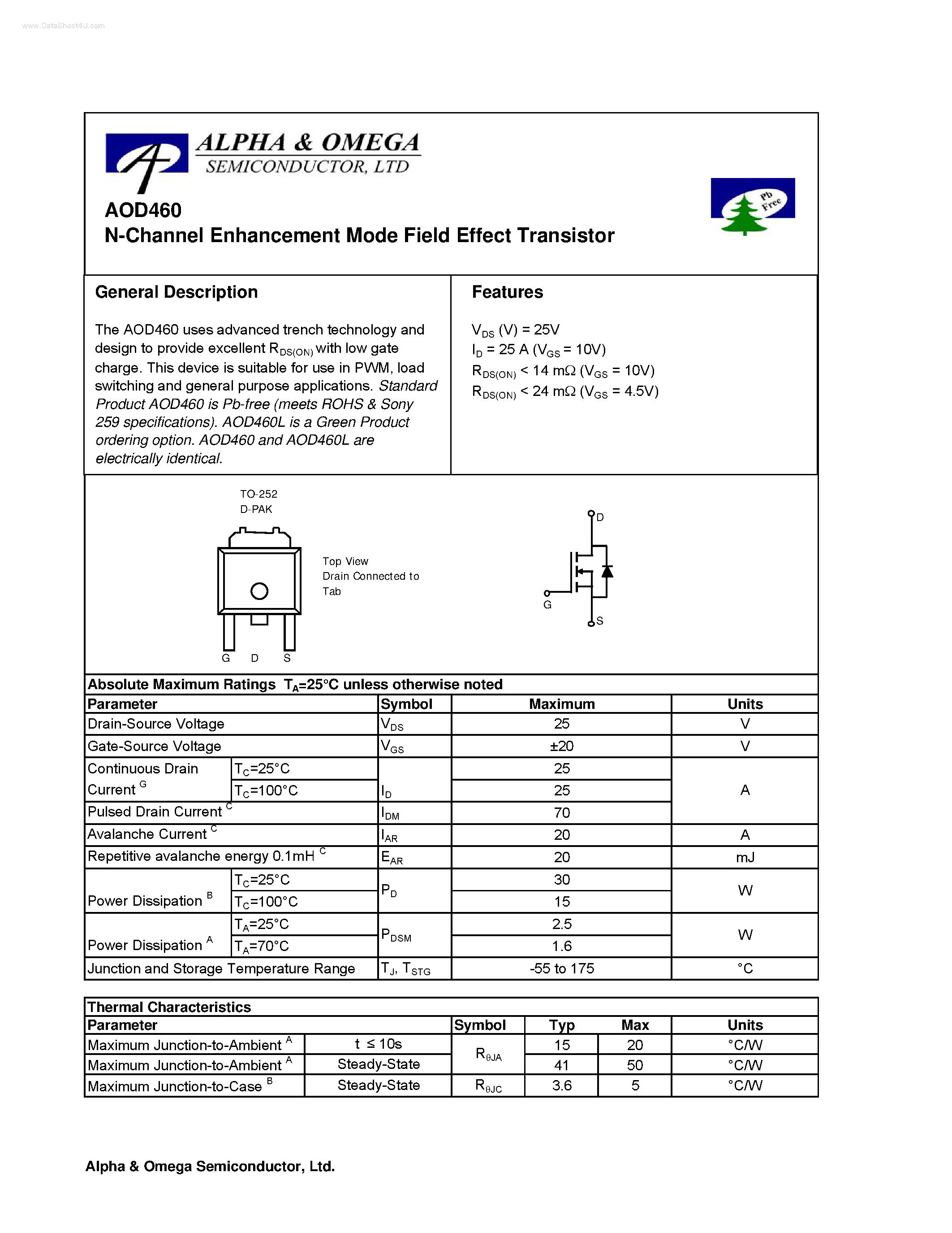 Datasheet AOD460 - N-Channel Enhancement Mode Field Effect Transistor page 1