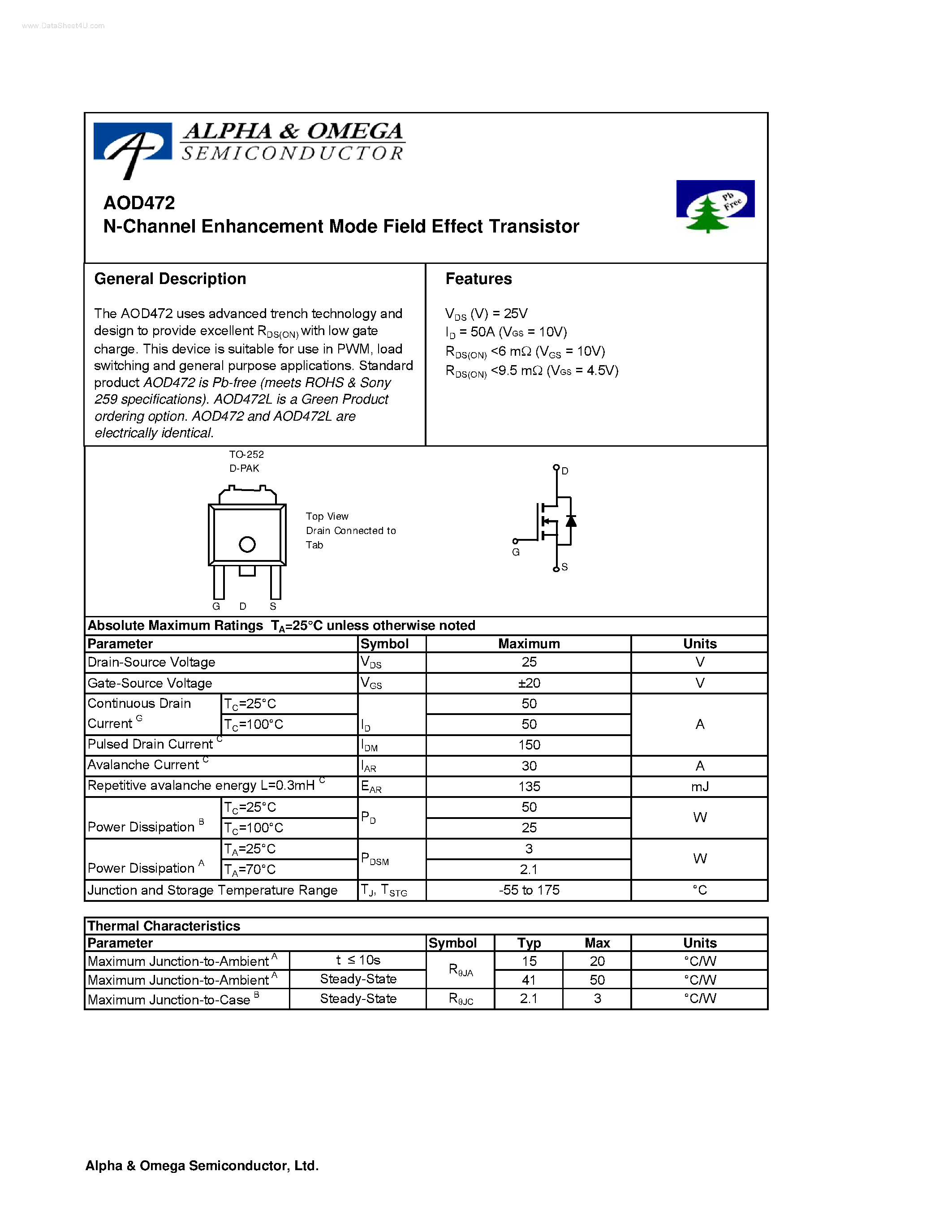 Datasheet AOD472 - N-Channel Enhancement Mode Field Effect Transistor page 1