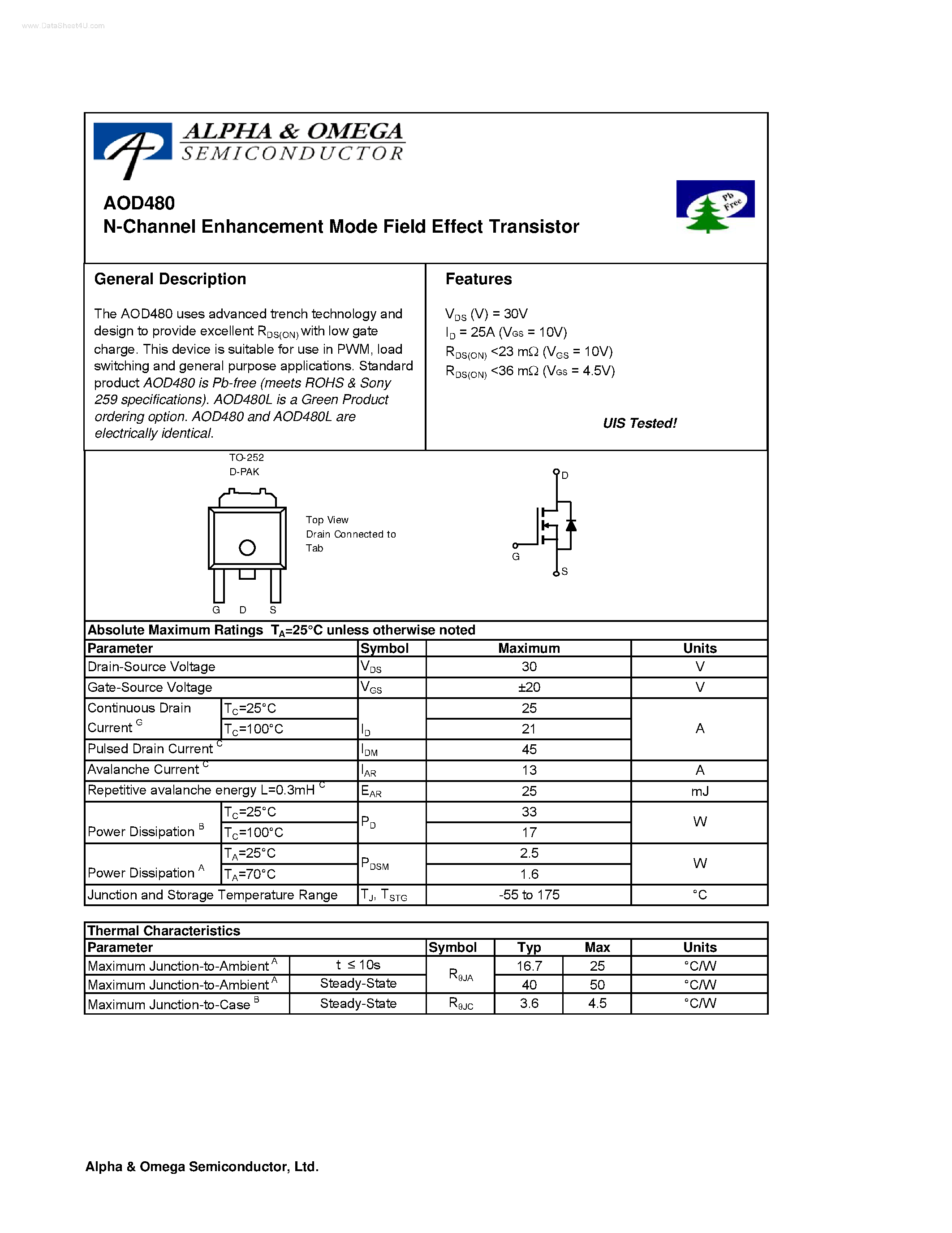 Datasheet AOD480 - N-Channel Enhancement Mode Field Effect Transistor page 1