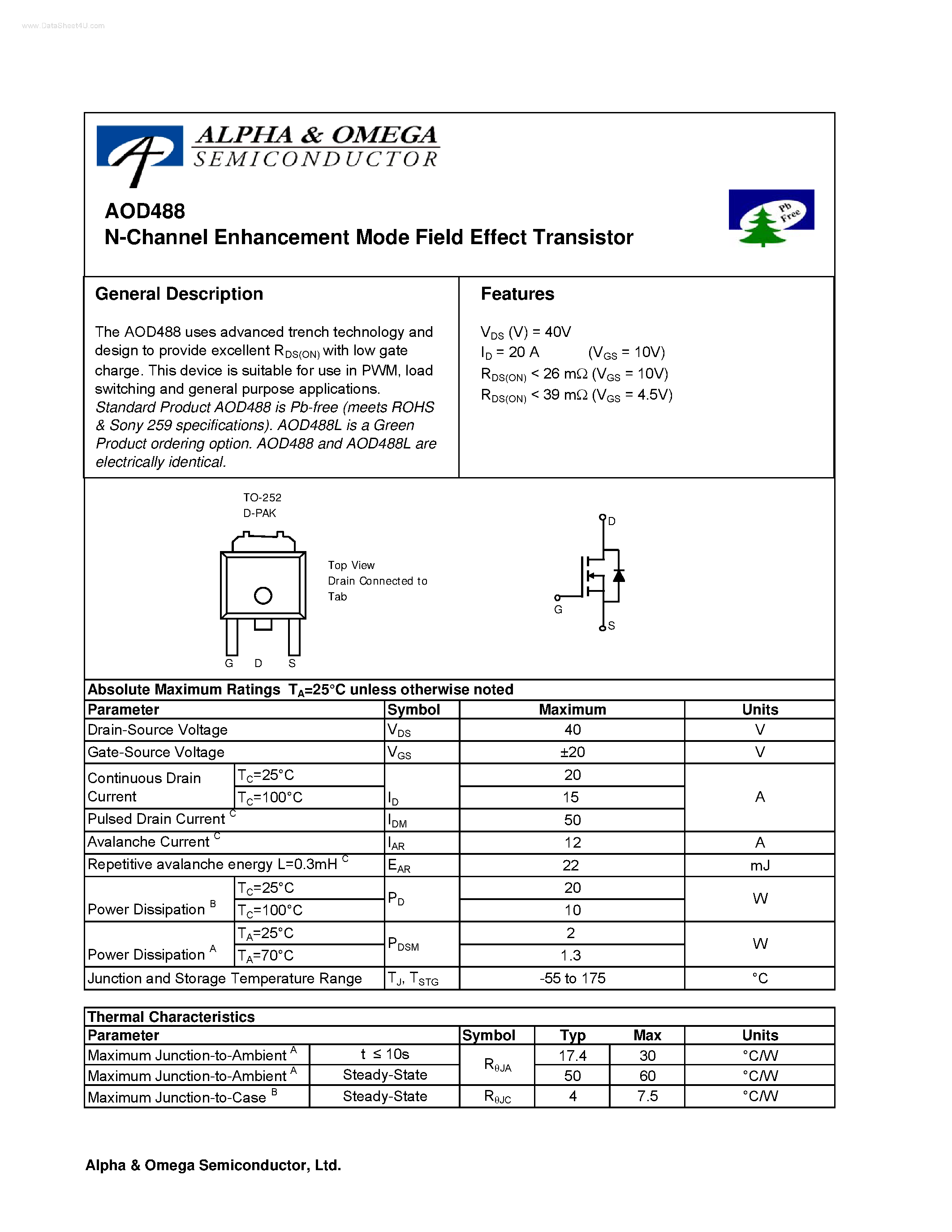 Datasheet AOD488 - N-Channel Enhancement Mode Field Effect Transistor page 1