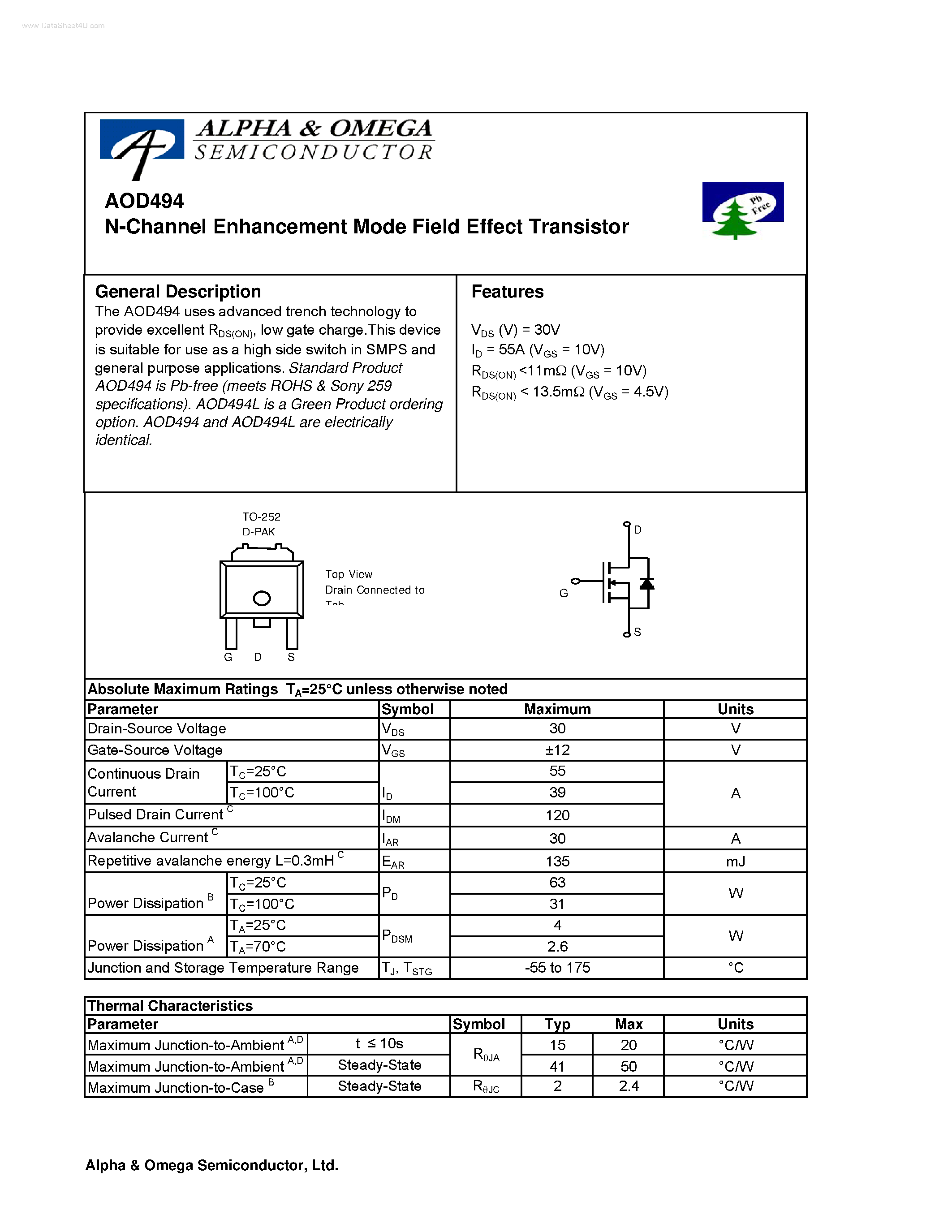 Datasheet AOD494 - N-Channel Enhancement Mode Field Effect Transistor page 1