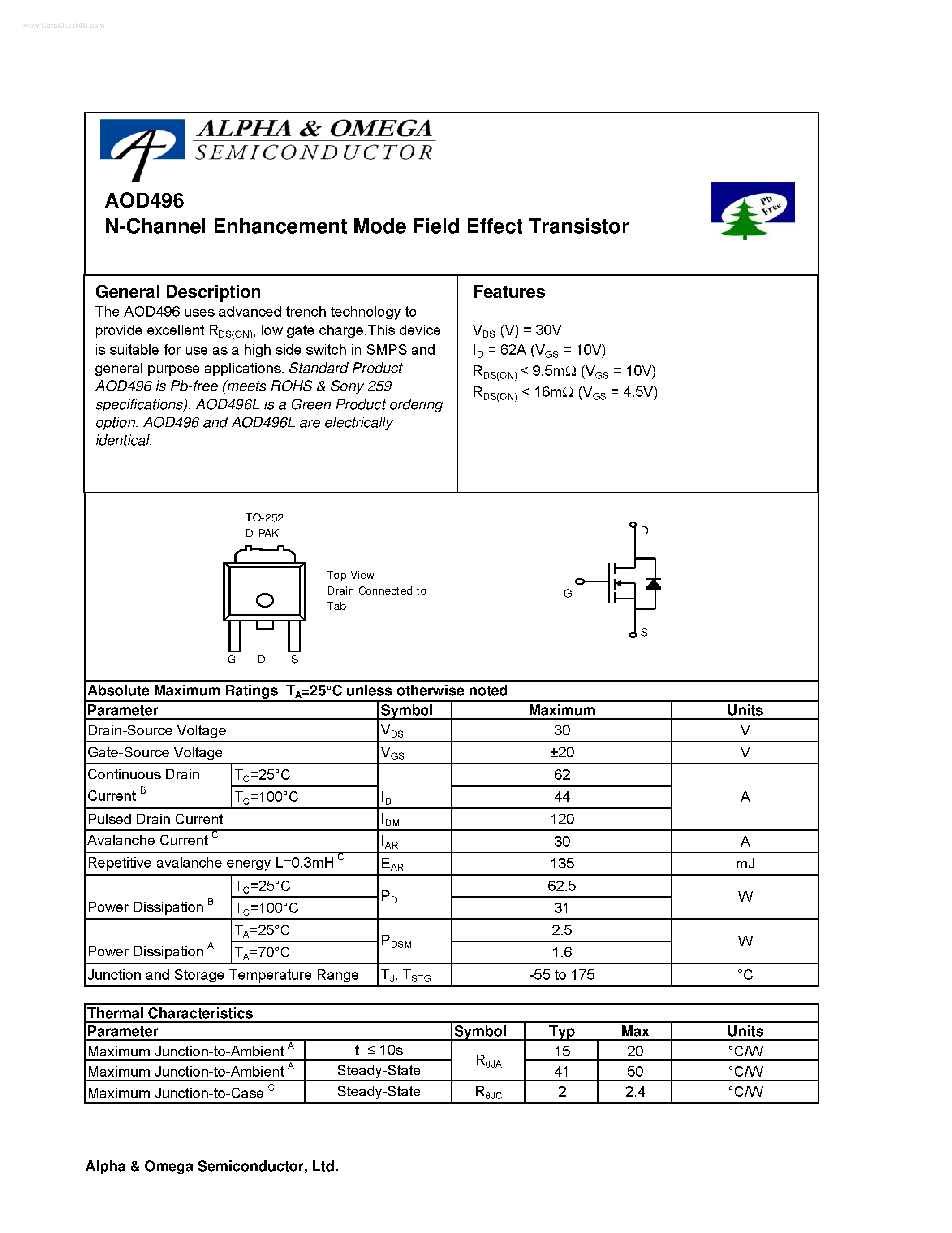 Datasheet AOD496 - N-Channel Enhancement Mode Field Effect Transistor page 1