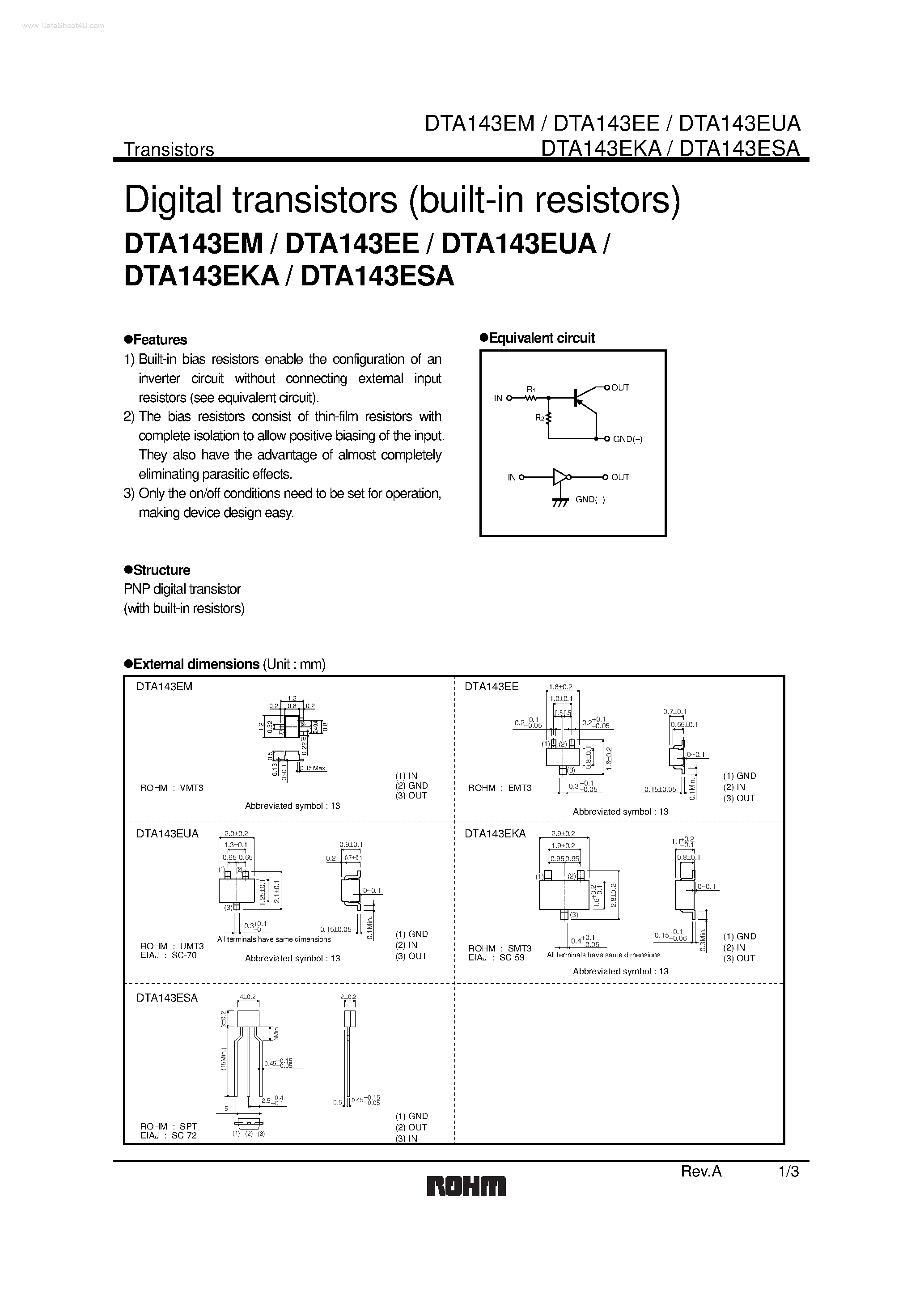 Даташит DTA143EKA - Digital transistors (built-in resistors) страница 1