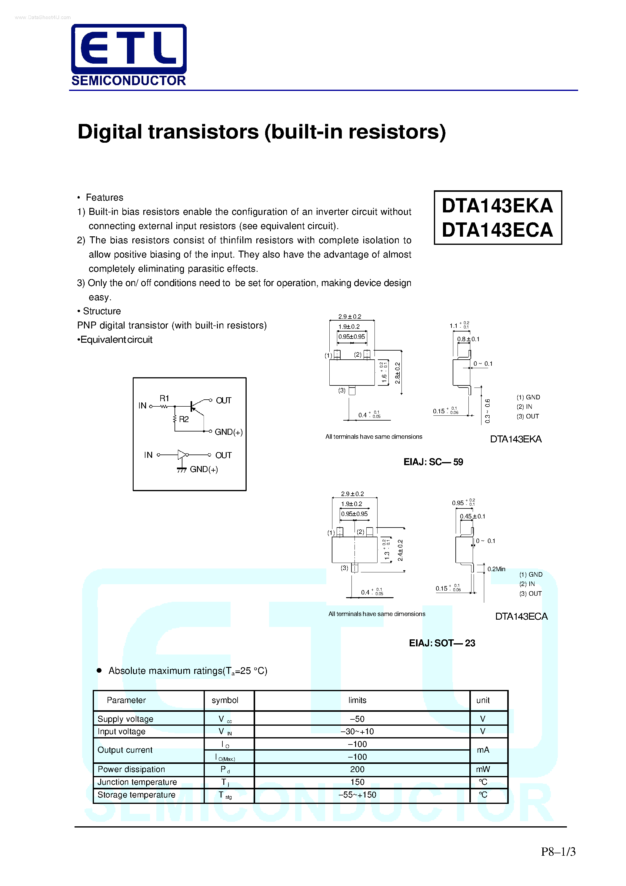 Даташит DTA143ECA - Digital transistors (built-in resistors) страница 1